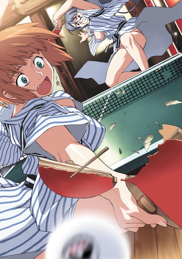 takemura sessyu, 2girls, action, ball, blue hair, breasts, brown hair, cleavage, destruction, dutch angle, fang, green eyes, grey hair, japanese clothes, kimono, large breasts, long hair, multiple girls, no bra, paddle, panties, pink panties, red eyes, short hair, striped clothes, striped kimono, striped panties, table tennis, table tennis paddle, underwear, vertical-striped clothes, vertical-striped kimono, yukata