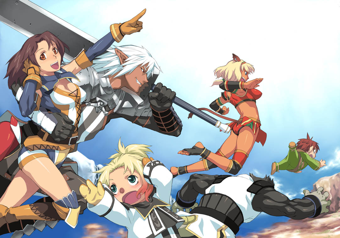 takemura sessyu, elvaan, mithra (ff11), final fantasy, final fantasy xi, 00s, 3boys, 3girls, armor, barefoot, blonde hair, brown hair, elf, feet, galka, gloves, hume, multiple boys, multiple girls, pointy ears, soles, sword, tarutaru, toeless legwear, toes, weapon, white hair