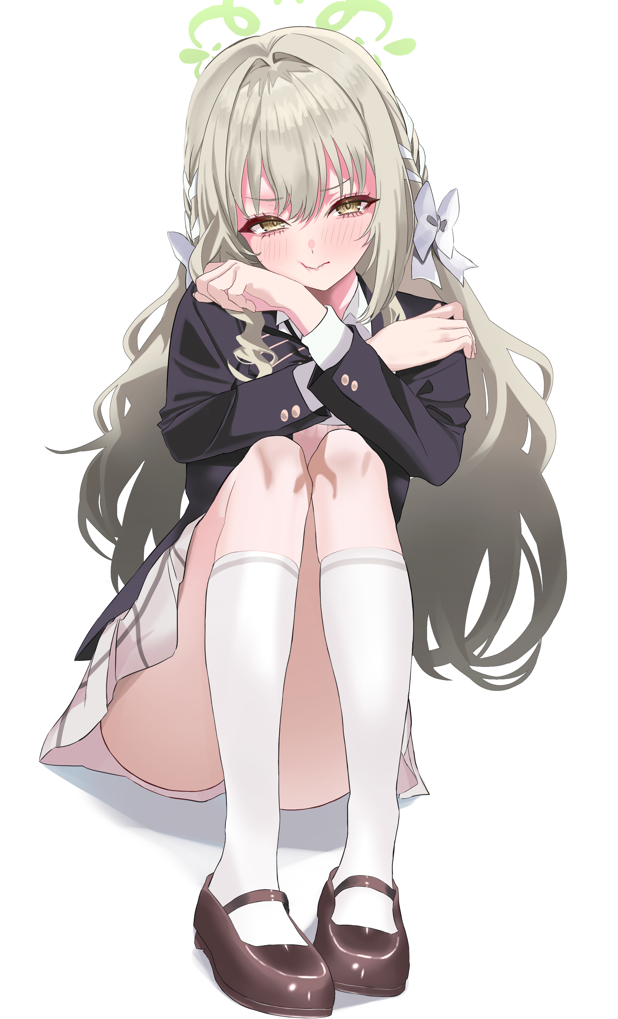 zuki (user mzpz5848), miyo (blue archive), blue archive, hazel eyes, absurdres, highres, 1girl, bow, braid, green halo, hair bow, hair ribbon, halo, looking at viewer, ribbon, ribbon braid, simple background, sitting, skirt, socks, solo, white background, white bow, white socks