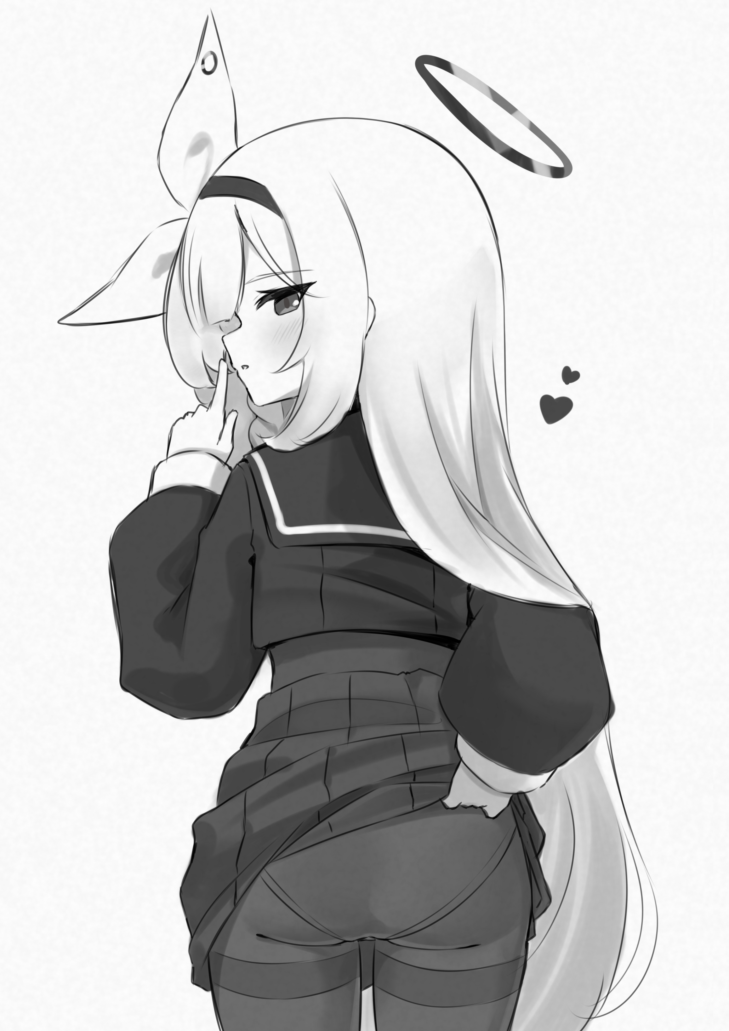 gevuxx, plana (blue archive), blue archive, absurdres, commentary, highres, 1girl, ass, black shirt, bow, clothes lift, finger to mouth, from behind, greyscale, hair bow, hairband, halo, heart, lifting own clothes, long hair, long sleeves, looking at viewer, looking back, monochrome, open mouth, panties, panties under pantyhose, pantyhose, pleated skirt, sailor collar, sailor shirt, school uniform, serafuku, shirt, shushing, simple background, skirt, skirt lift, solo, thighband pantyhose, underwear, very long hair