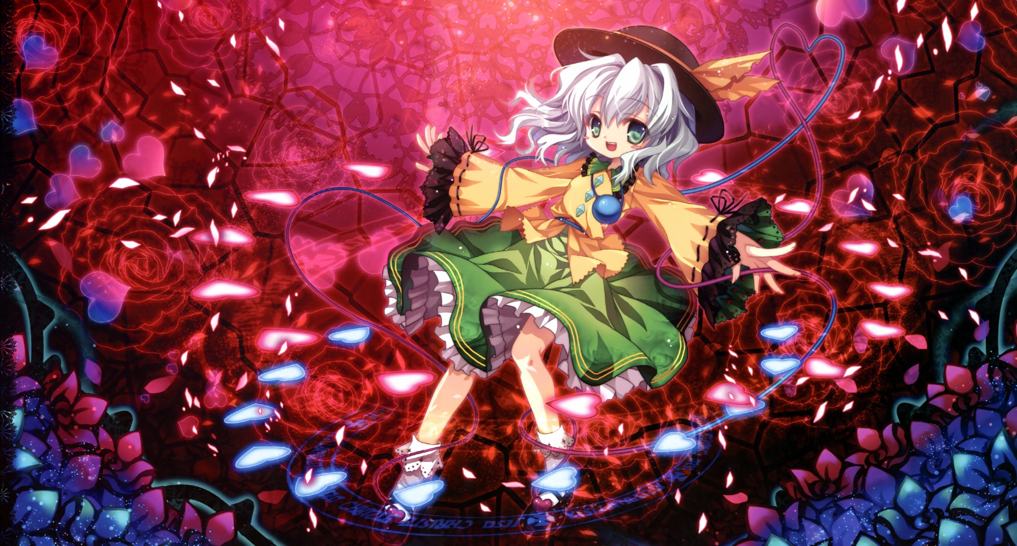 capura lin, komeiji koishi, touhou, highres, 1girl, danmaku, female focus, flower, green eyes, hat, heart, silk, skirt, solo, spider web, white hair