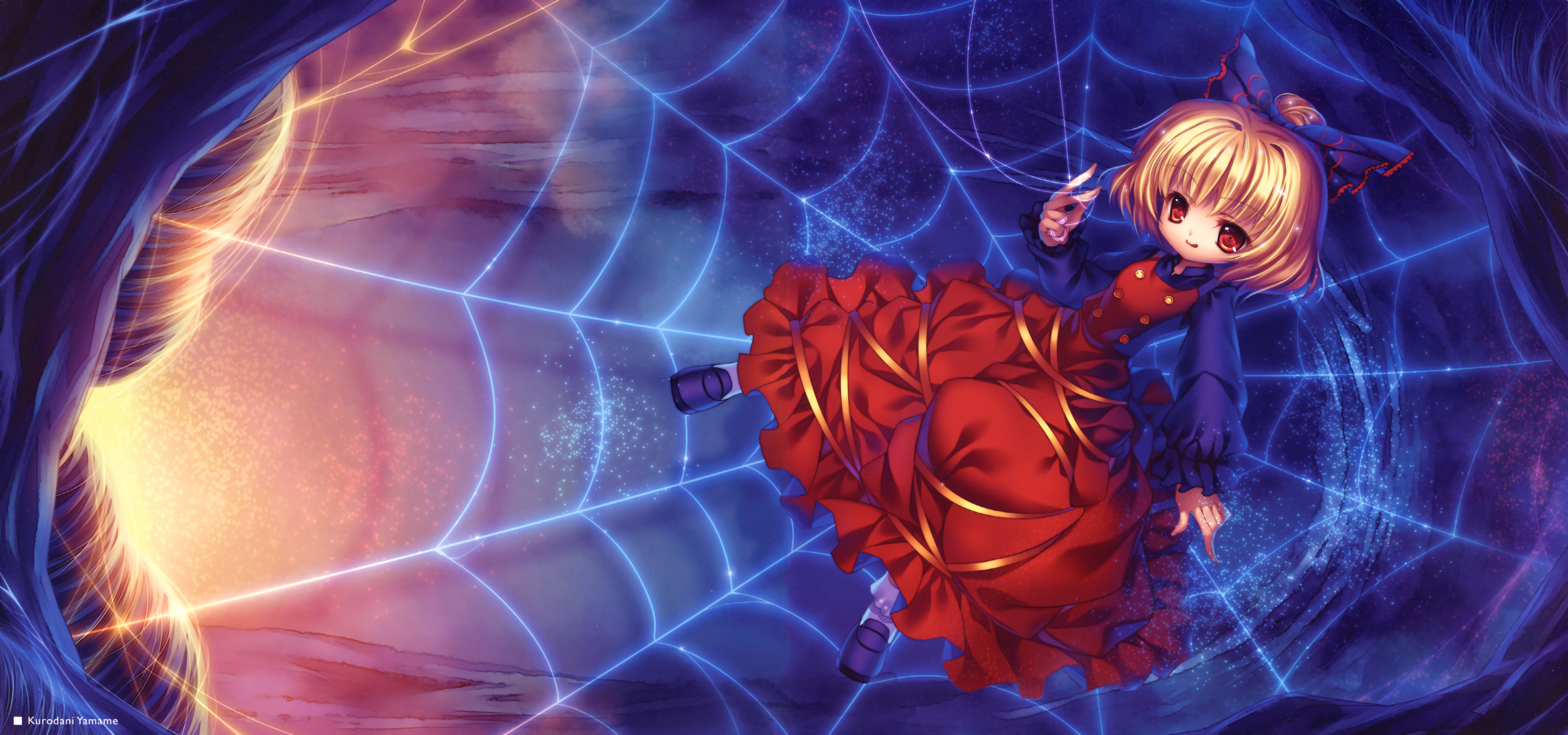 capura lin, kurodani yamame, touhou, absurdres, highres, 1girl, blonde hair, female focus, full body, red eyes, silk, solo, spider web