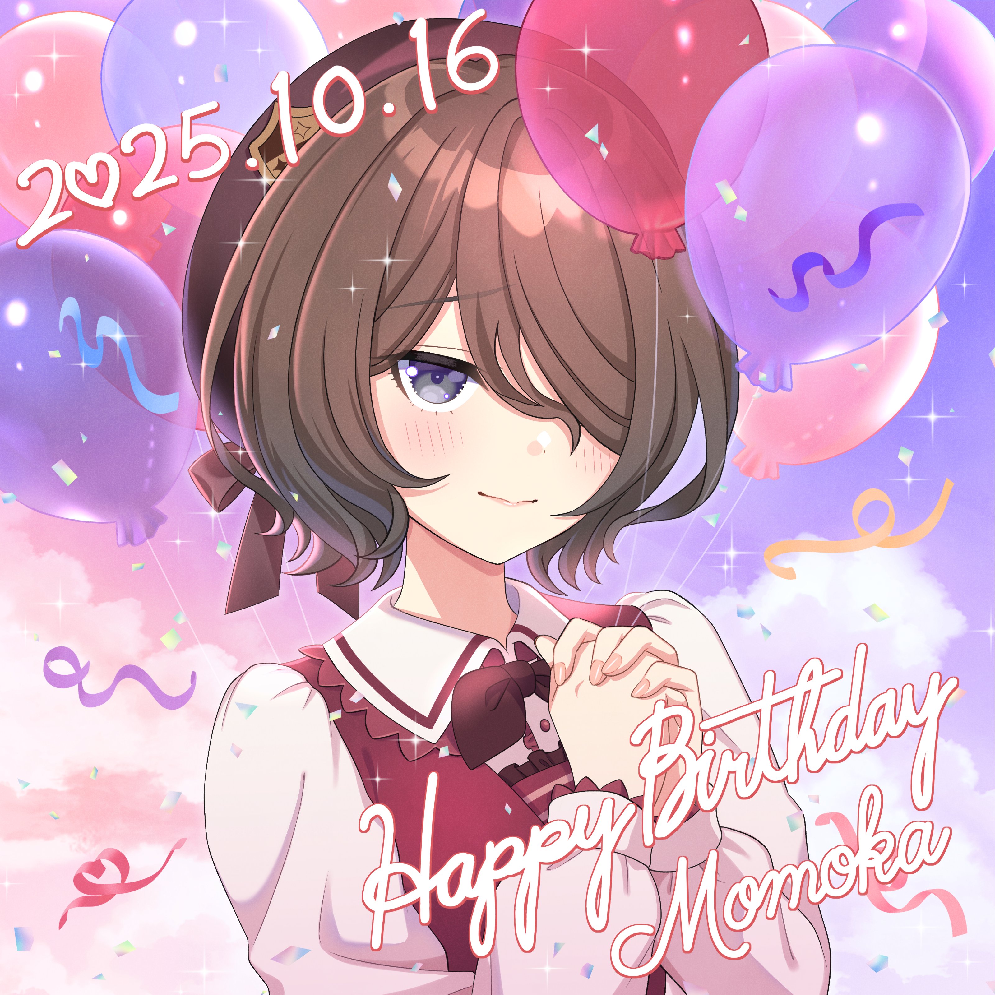 shine post, absurdres, artist request, highres, official art, 1girl, 2025, balloon, bow, bowtie, brown bow, brown bowtie, brown hair, brown hat, closed mouth, confetti, gradient sky, hair over one eye, happy birthday, hat, hat bow, holding, holding balloon, komurasaki momoka, laugh diamond, own hands clasped, own hands together, purple eyes, red vest, shirt, short hair, sky, solo, sparkle, upper body, vest, white shirt