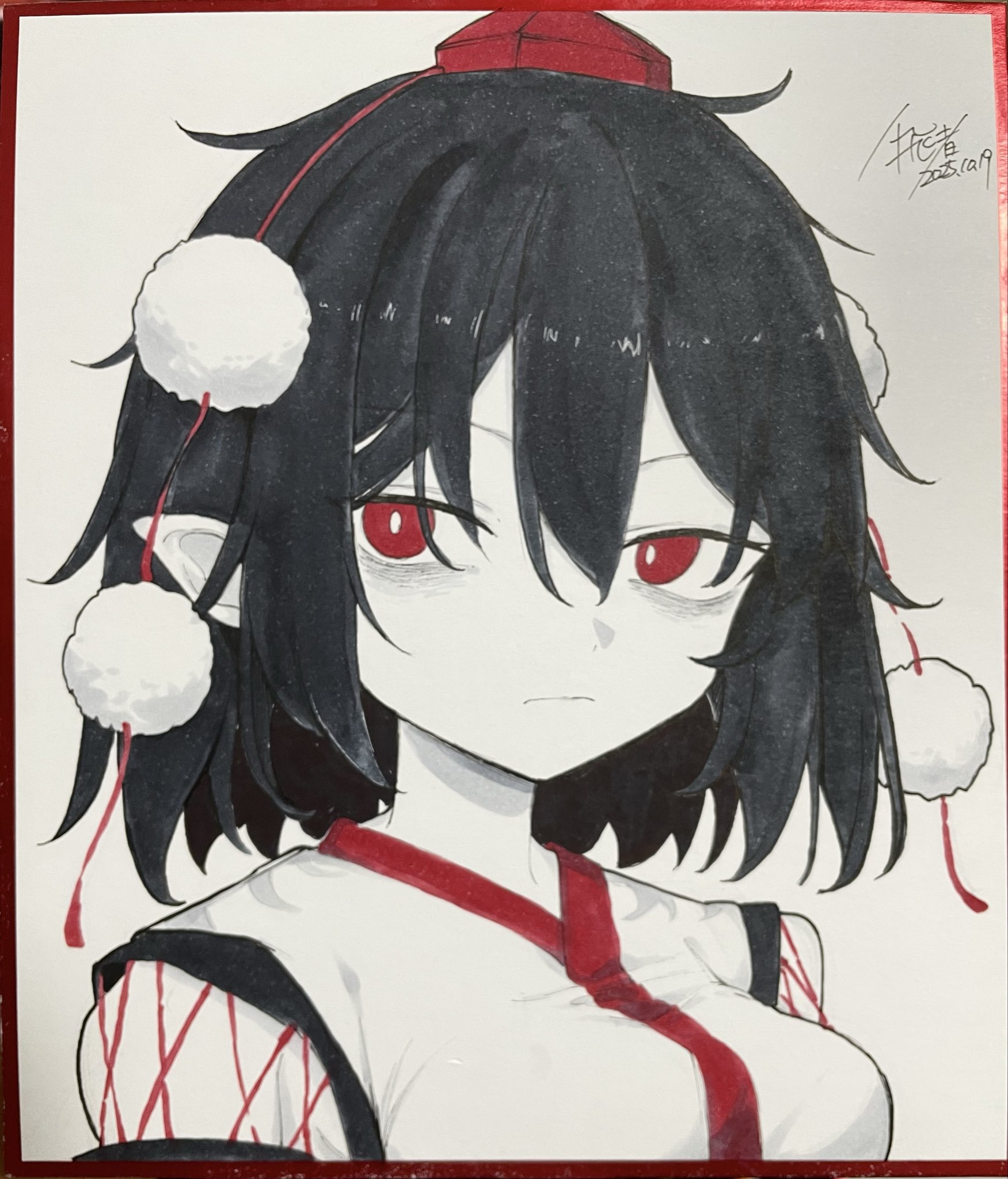 hisha (kan moko), shameimaru aya, touhou, commentary request, highres, traditional media, 1girl, black hair, closed mouth, dated, expressionless, hair between eyes, hat, japanese clothes, kimono, kourindou tengu costume, looking at viewer, pointy ears, pom pom (clothes), red eyes, red hat, shikishi, short hair, signature, solo, tokin hat, upper body, white kimono
