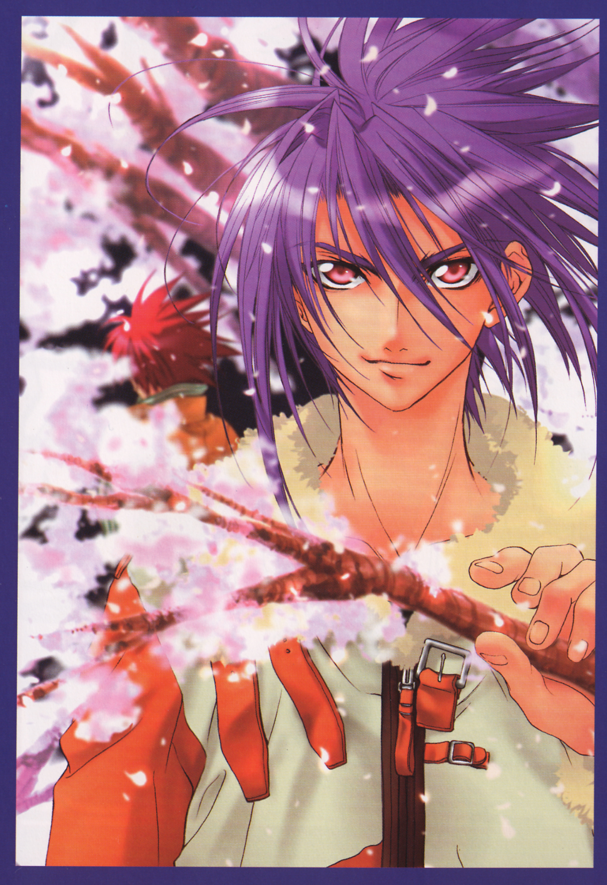 sugisaki yukiru, yukiru sugisaki, dark mousy, niwa daisuke, dnangel, highres, official art, scan, 2boys, cherry blossoms, jacket, male focus, multiple boys, nature, purple hair, red eyes, red hair, solo