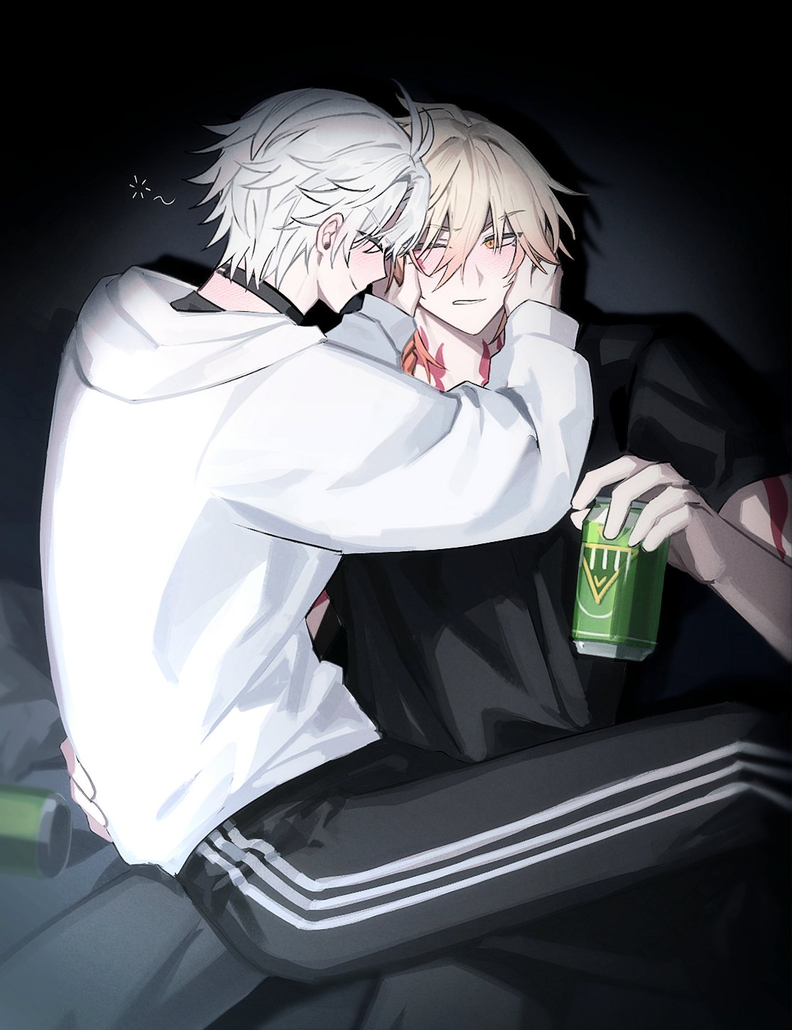 pin3909, mydei (honkai: star rail), phainon (honkai: star rail), honkai: star rail, honkai (series), hashtag-only commentary, highres, 2boys, antenna hair, arm tattoo, black choker, black pants, black shirt, blonde hair, blush, braid, can, choker, closed eyes, facial tattoo, gradient hair, holding, holding can, hood, hood down, hoodie, male focus, medium hair, multicolored hair, multiple boys, neck tattoo, one eye closed, pants, parted bangs, red hair, red tattoo, shirt, short hair, short sleeves, side braid, tattoo, white hair, white hoodie, yaoi, yellow eyes