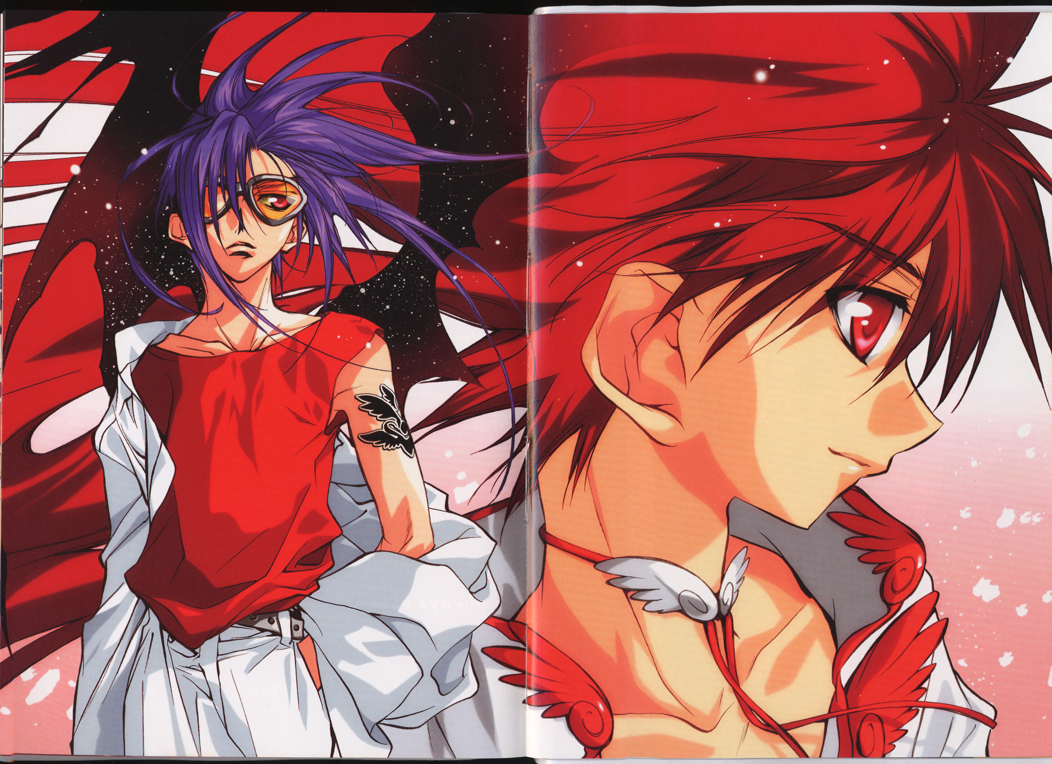 sugisaki yukiru, dark mousy, niwa daisuke, dnangel, absurdres, highres, official art, scan, scan artifacts, 2boys, jewelry, male focus, multiple boys, necklace, purple hair, red eyes, red hair, sunglasses, tattoo, wings