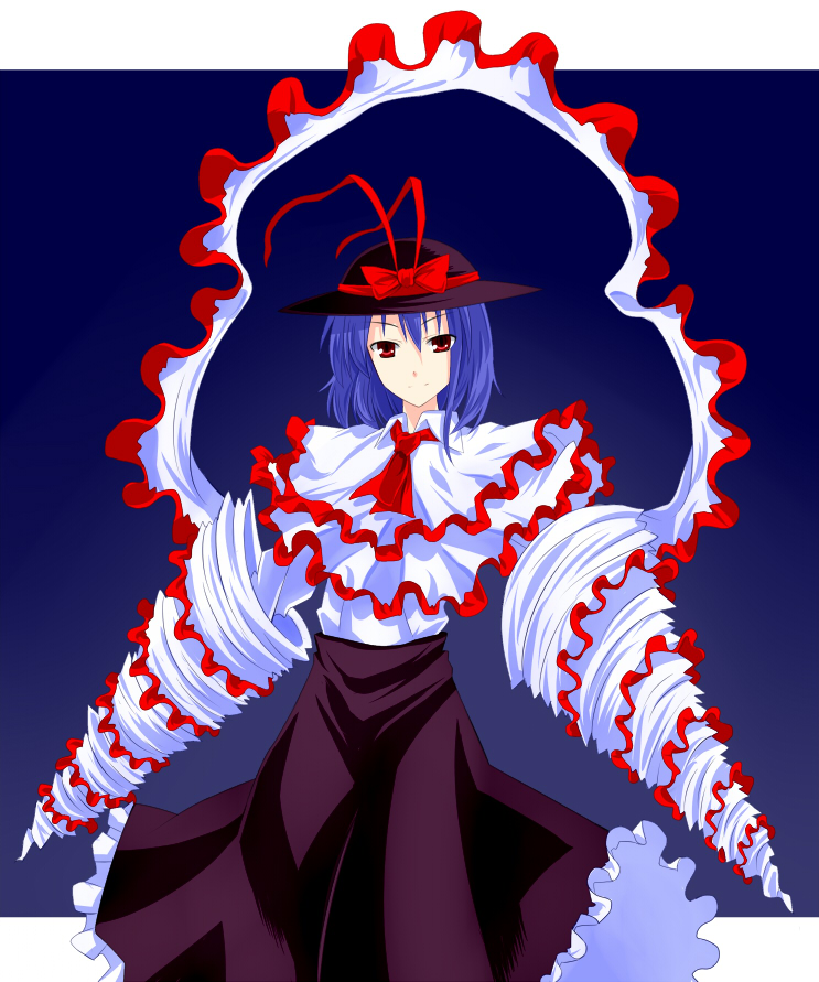 batsu, nagae iku, touhou, 1girl, blue hair, drill, female focus, gradient background, hat, necktie, red eyes, ribbon, skirt, solo, spiral power