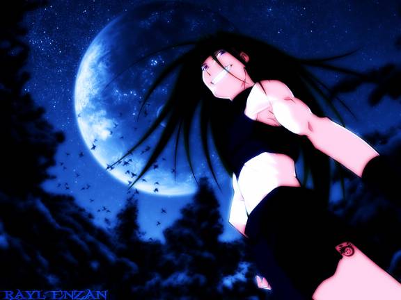 envy (fma), fullmetal alchemist, homunculus, 00s, 1boy, androgynous, black hair, from below, grin, long hair, male focus, midriff, moon, night, ouroboros, skin tight, sleeveless, smile, solo, tattoo