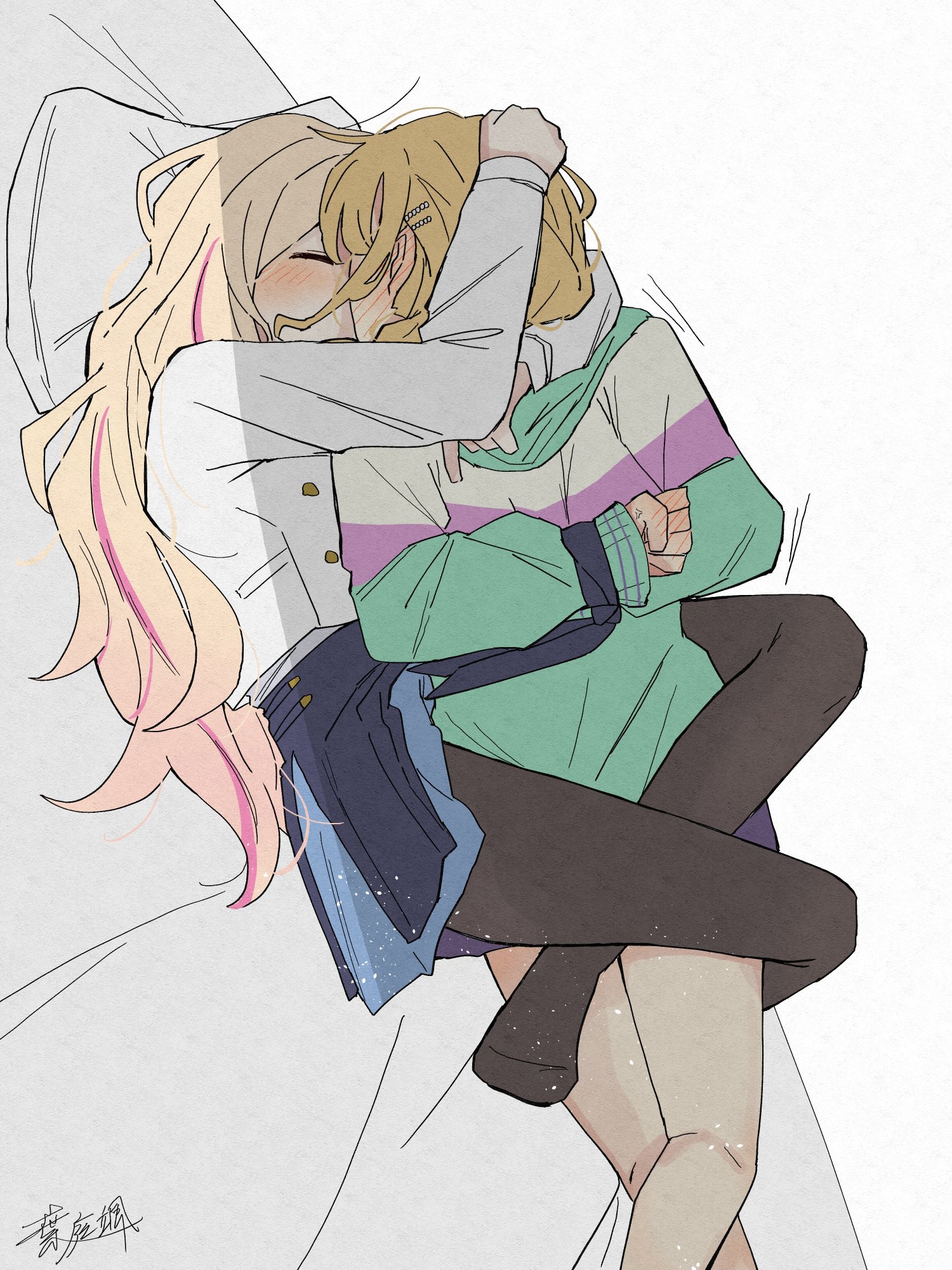 haniwa hayate, fujita kotone, juo sena, gakuen idolmaster, idolmaster, highres, 2girls, arms around neck, black pantyhose, black skirt, blonde hair, blue skirt, blush, bound, bound wrists, closed eyes, ear blush, hand blush, hand on another's head, jacket, kiss, leg lock, light particles, multiple girls, on bed, pantyhose, pillow, pink streaks, skirt, white jacket, yuri