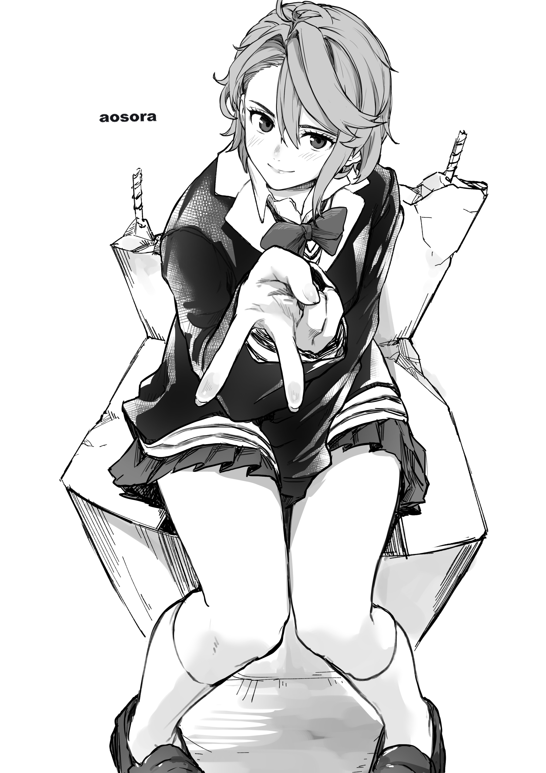 aosora2823, shiratori aira (dandadan), dandadan, absurdres, commentary request, highres, 1girl, artist name, bow, bowtie, closed mouth, greyscale, hair between eyes, loafers, long sleeves, looking at viewer, monochrome, pleated skirt, school uniform, shoes, short hair, simple background, sitting, skirt, smile, solo, thighs, white background