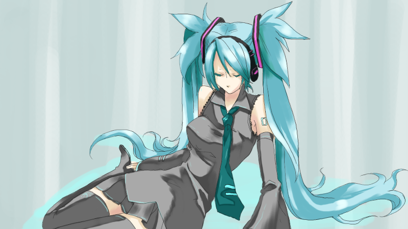 tayura, hatsune miku, vocaloid, aqua hair, closed eyes, detached sleeves, long hair, necktie, skirt, solo, thighhighs, twintails, zettai ryouiki