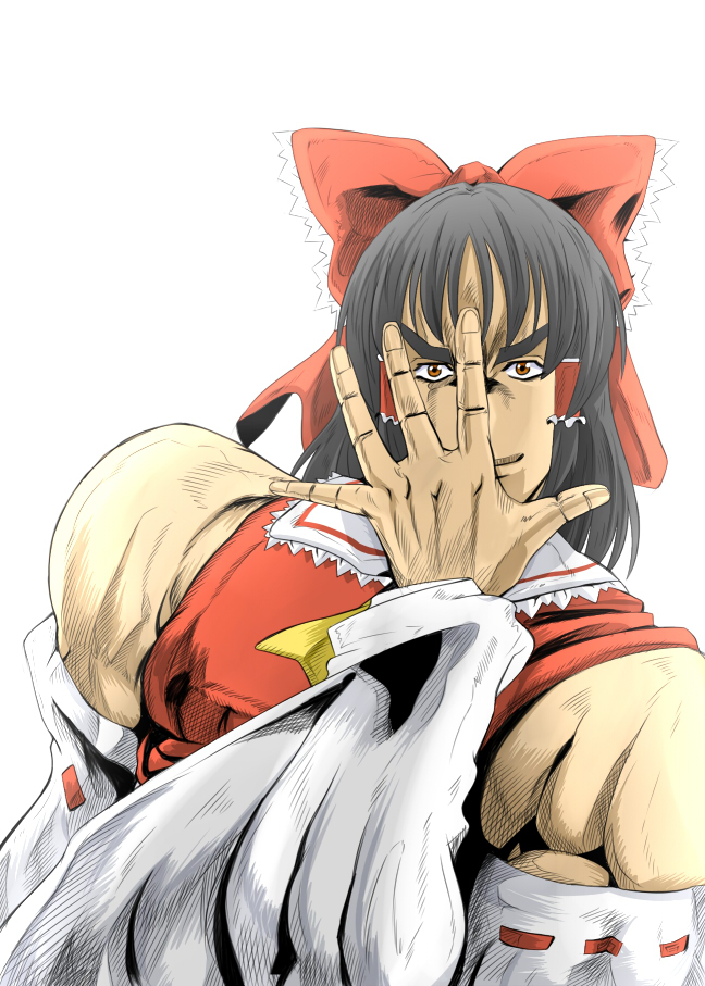 batsu, hakurei reimu, jonathan joestar, jojo no kimyou na bouken, touhou, derivative work, 1girl, araki hirohiko (style), comic panel redraw, female focus, jojo pose, jonathan joestar's pose, manlification, muscular, parody, solo, style parody