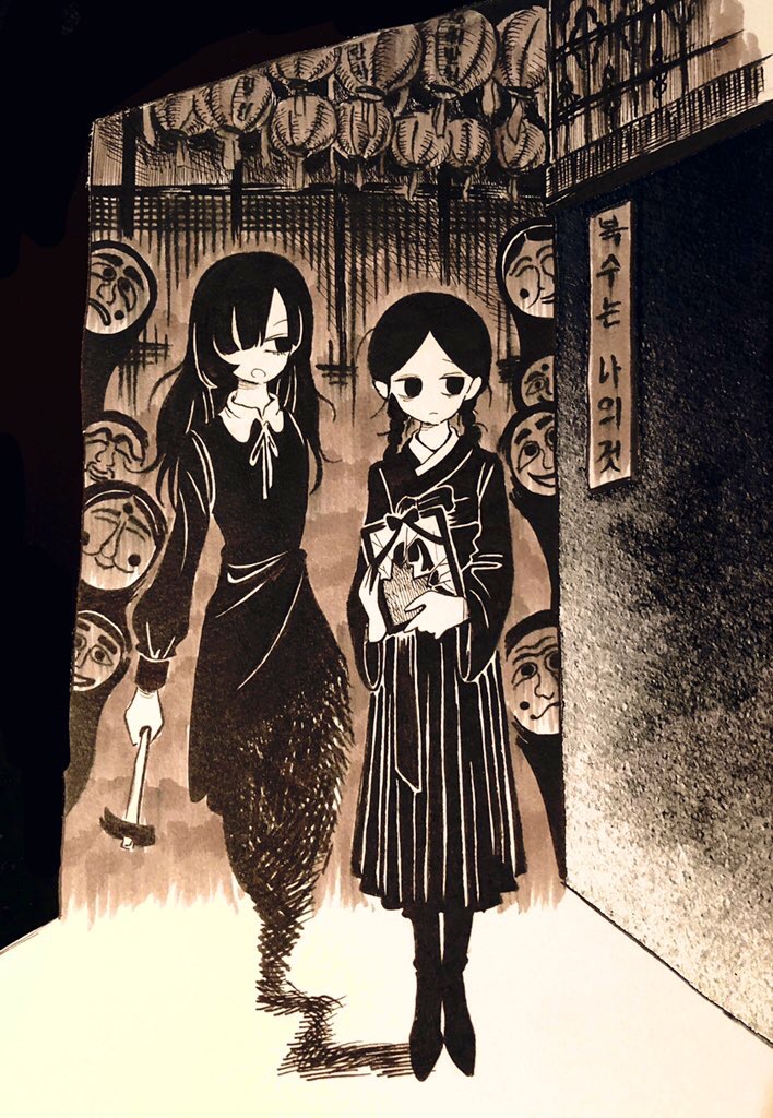 shi (yotsuhaka), original, 2girls, 6+others, braid, dress, expressionless, full body, ghost, hair over one eye, hammer, holding, holding hammer, iei, long hair, mask, monochrome, multiple girls, multiple others, twin braids