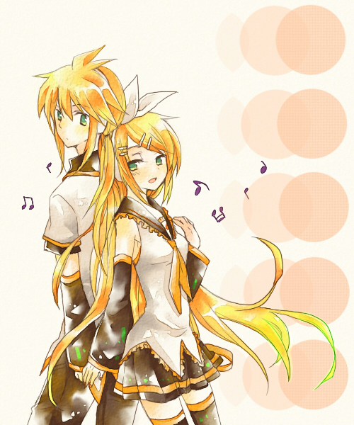 coyo (pp coyo), kagamine len, kagamine rin, vocaloid, 1boy, 1girl, alternate hairstyle, blonde hair, brother and sister, detached sleeves, green eyes, hair ornament, hair ribbon, hairclip, headphones, long hair, musical note, ribbon, siblings, skirt, thighhighs, twins, very long hair, zettai ryouiki