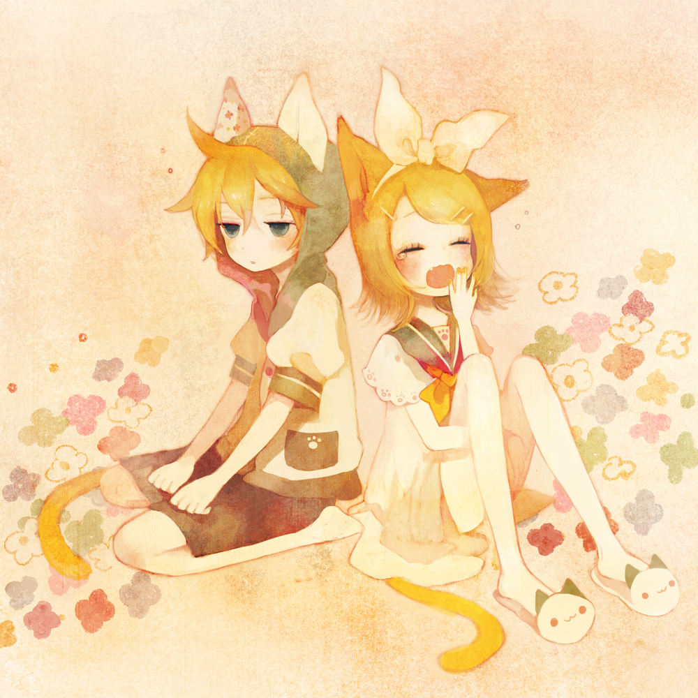 pechika, kagamine len, kagamine rin, vocaloid, bad id, bad pixiv id, 1boy, 1girl, animal ears, barefoot, blonde hair, blue eyes, brother and sister, closed eyes, flower, hair ornament, hairclip, necktie, ribbon, short hair, shorts, siblings, sitting, slippers, tail, twins, yawning, yellow necktie