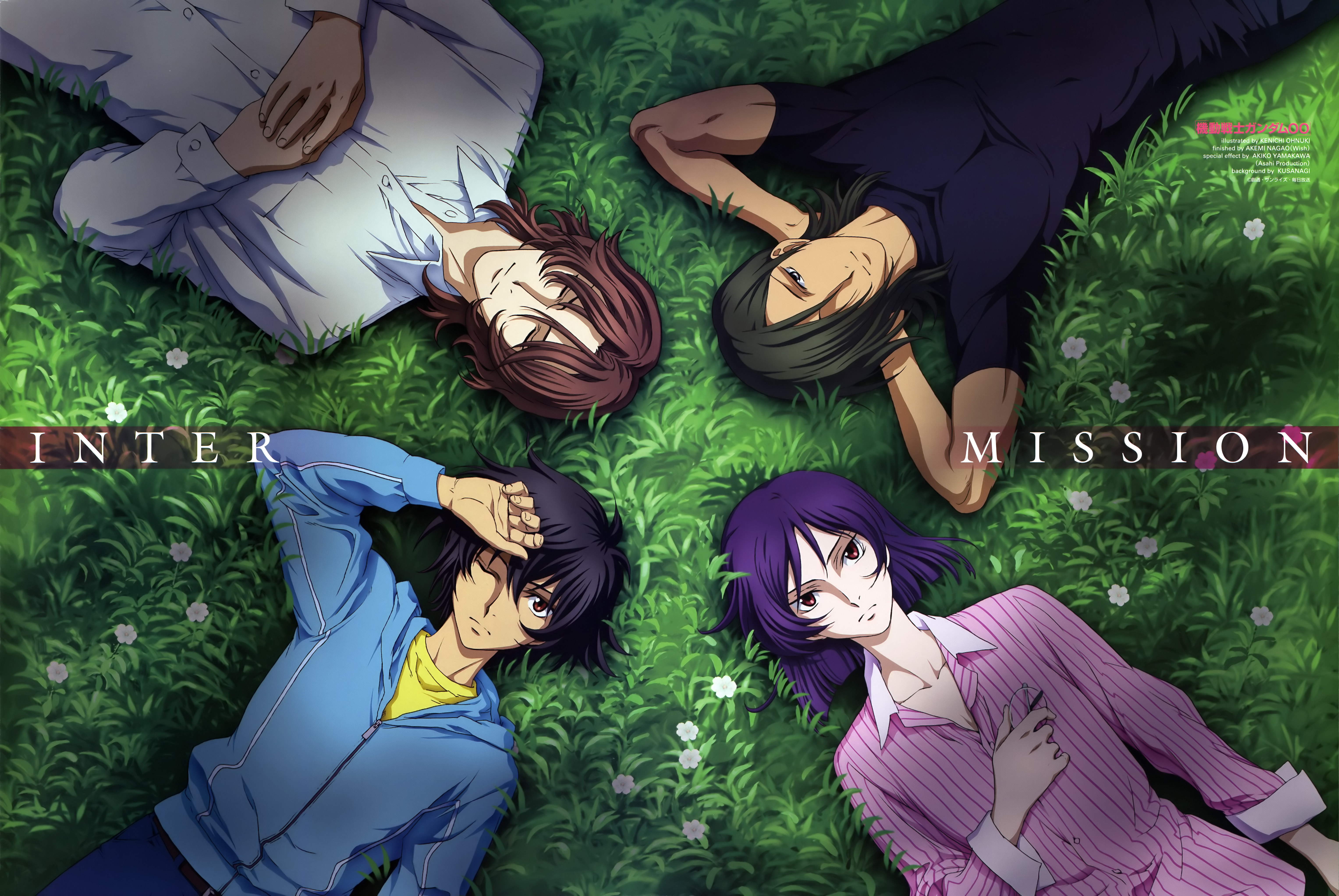 allelujah haptism, neil dylandy, setsuna f. seiei, tieria erde, gundam, gundam 00, absurdres, highres, 00s, 4boys, black hair, brown eyes, brown hair, closed eyes, male focus, multiple boys, one eye closed, purple hair, red eyes, wink, yellow eyes