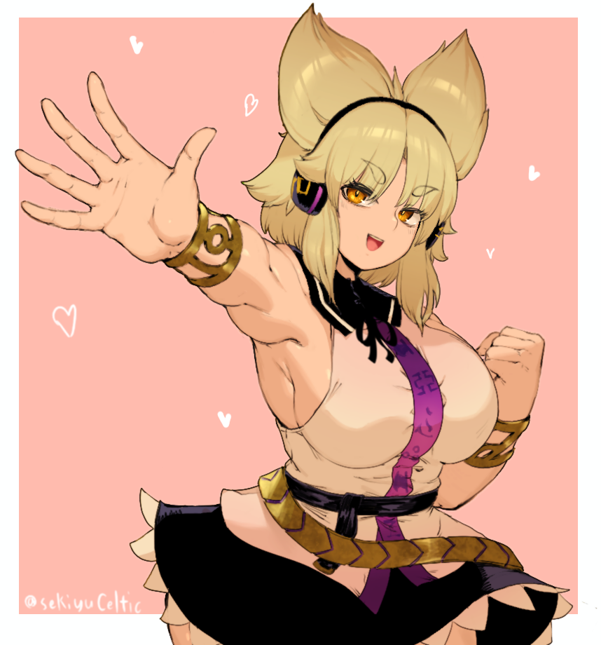 sekiyu (spartan), toyosatomimi no miko, touhou, 1girl, arm up, armpits, belt, black belt, black collar, black ribbon, black skirt, blonde hair, bracelet, breasts, clenched hand, collar, earphones, gold bracelet, hair horns, heart, jewelry, neck ribbon, open hand, pink background, purple trim, ribbon, shirt, skirt, sleeveless, sleeveless shirt, smile, thick eyebrows, yellow eyes