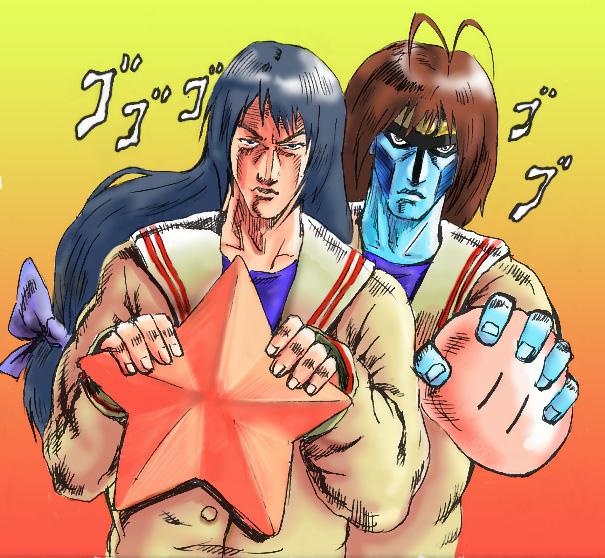 takeda kanryuusai, furukawa nagisa, ibuki fuuko, star platinum, clannad, dango daikazoku, jojo no kimyou na bouken, bad id, bad pixiv id, antenna hair, araki hirohiko (style), cosplay, dango, food, furukawa nagisa (cosplay), ibuki fuuko (cosplay), manlification, parody, school uniform, stand (jojo), starfish, style parody, wagashi