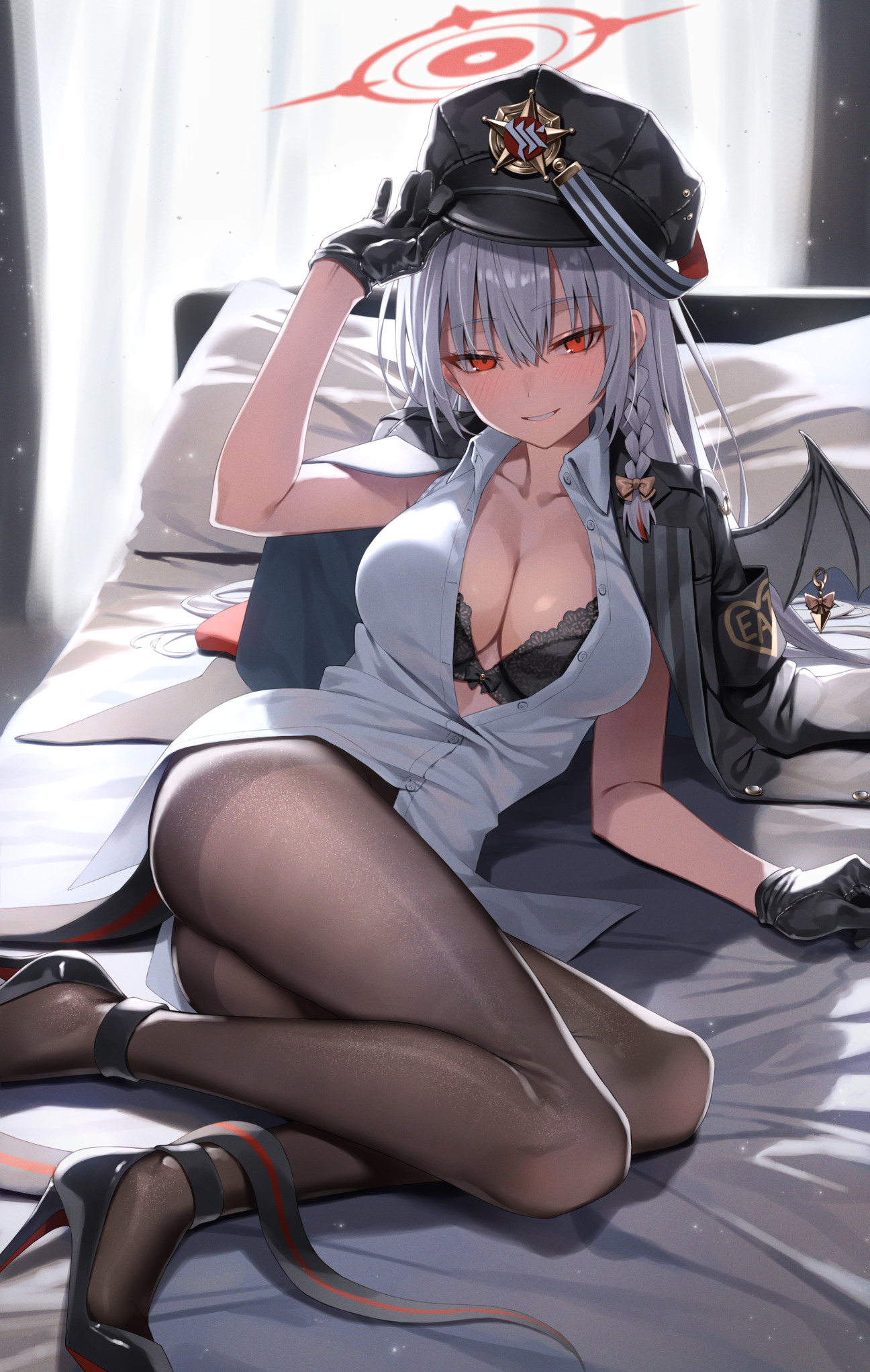 greenkohgen, haruna (blue archive), blue archive, commentary request, highres, 1girl, backlighting, black bra, black gloves, black pantyhose, black shoes, black wings, blush, bow, bra, bra peek, braid, breasts, cleavage, demon girl, demon tail, demon wings, fake wings, gloves, hair bow, halo, hand up, hat, high heels, indoors, jacket, jacket on shoulders, lace, lace-trimmed bra, lace trim, large breasts, legs, lingerie, long hair, looking at viewer, lying, no pants, on bed, on side, pantyhose, parted lips, partially unbuttoned, peaked cap, piercing, red eyes, red halo, seductive smile, shirt, shoes, side braid, single braid, single wing, smile, solo, tail, thighband pantyhose, thighs, tsurime, underwear, white hair, white shirt, wing piercing, wings, yellow bow