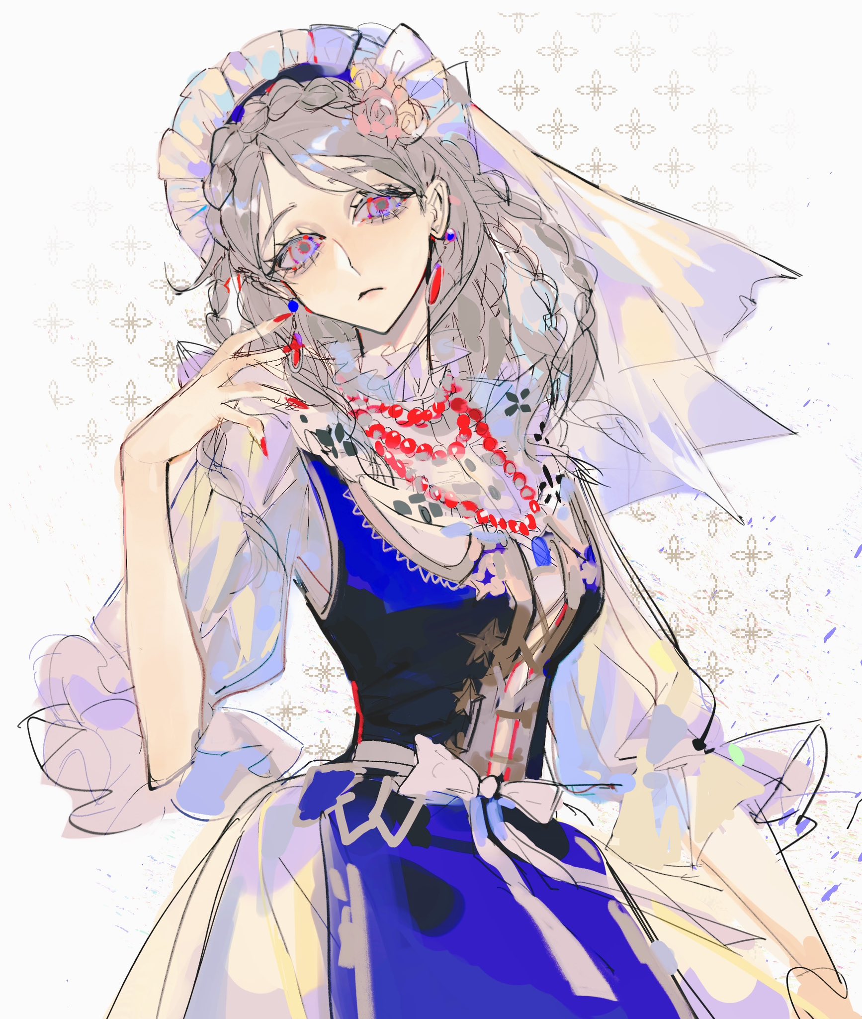 vera nair, vera nair (judith the dove), identity v, highres, 1girl, apron, blue dress, bonnet, bow, braid, closed mouth, dress, earrings, flower, frills, grey hair, hair flower, hair ornament, hand up, head tilt, jewelry, lglgwdpy, long hair, long sleeves, looking at viewer, multiple braids, nail polish, necklace, pink flower, puffy sleeves, purple eyes, red nails, rose, shirt, sketch, solo, veil, waist apron, white bow