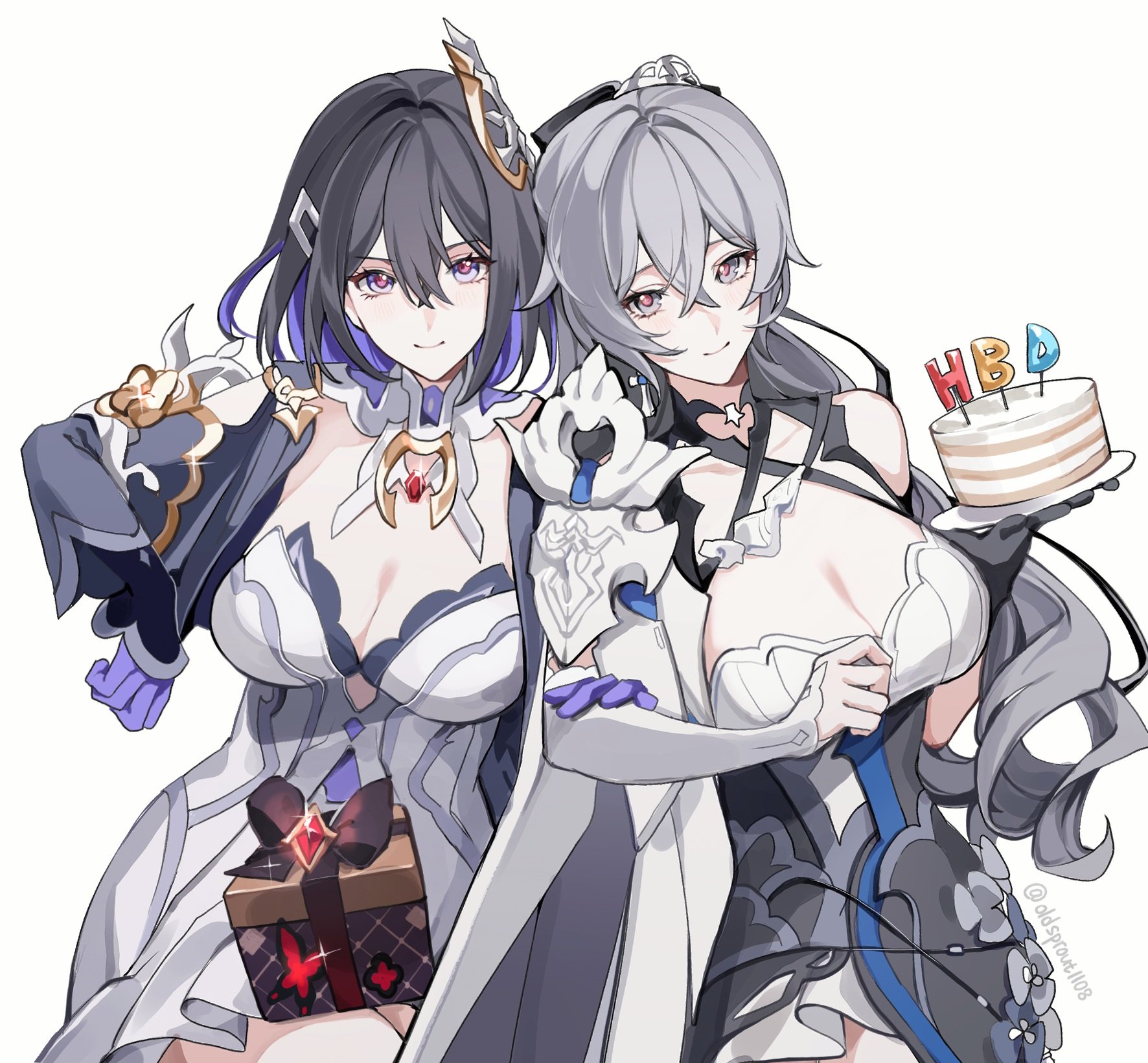 oldsprout1108, bronya zaychik, bronya zaychik (silverwing: n-ex), seele vollerei, seele vollerei (apho), honkai (series), honkai impact 3rd, commentary, english commentary, highres, 2girls, birthday, black dress, black hair, box, breasts, cake, cleavage, closed mouth, colored inner hair, dress, food, gift, gift box, gloves, grey eyes, grey hair, hair between eyes, hair ornament, happy birthday, holding, holding cake, holding food, large breasts, long hair, multicolored hair, multiple girls, purple eyes, purple gloves, purple hair, red pupils, simple background, smile, twitter username, white background, white dress