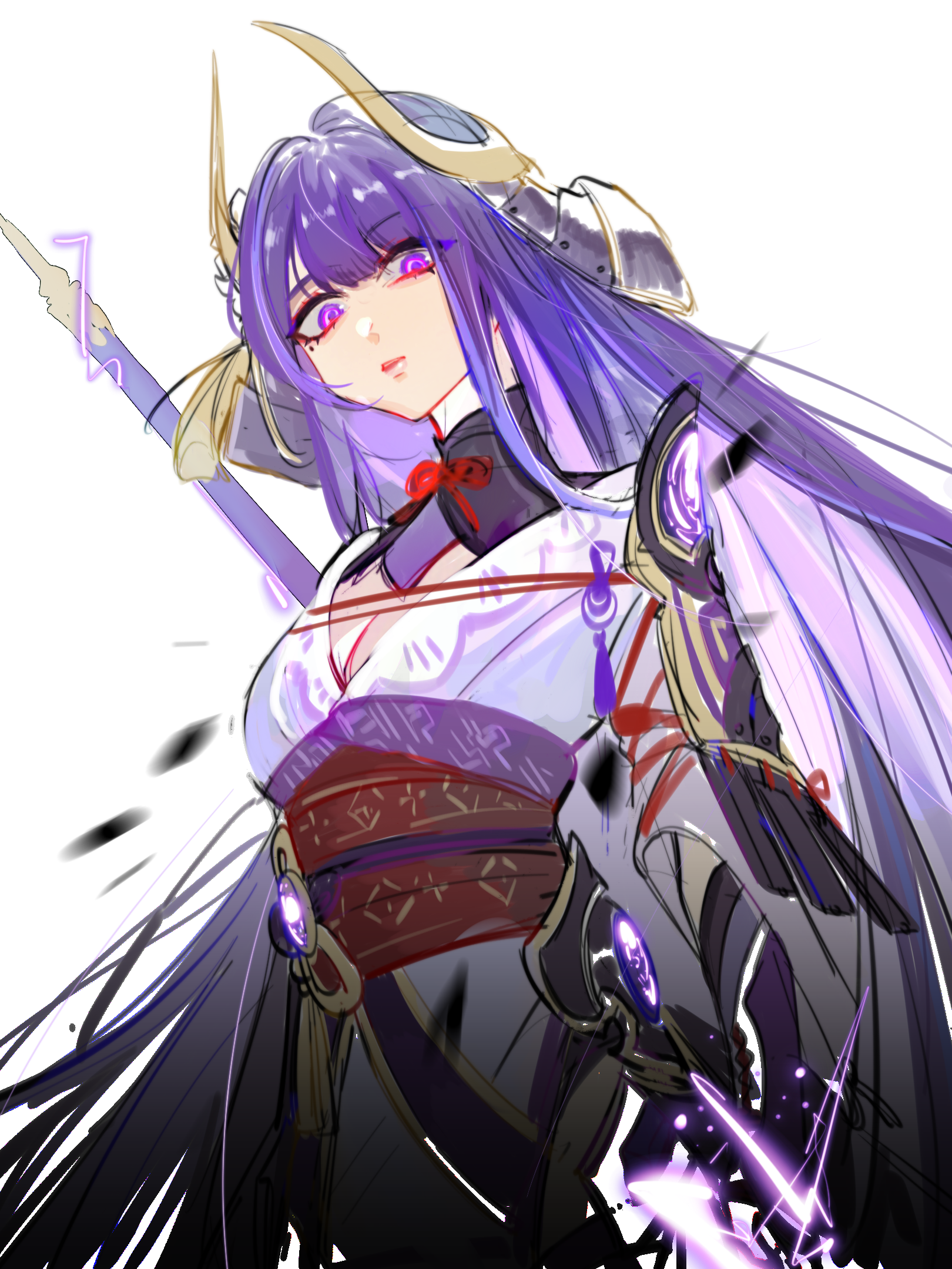 nihaowojiaoshanghetu, raiden shogun, raiden shogun (magatsu mitake narukami no mikoto), genshin impact, chinese commentary, highres, 1girl, armor, blunt bangs, blurry, breasts, bridal gauntlets, cleavage, closed mouth, depth of field, engulfing lightning (genshin impact), fake horns, glowing, glowing eyes, gradient hair, hair down, head tilt, headpiece, helmet, holding, holding polearm, holding weapon, horns, japanese armor, japanese clothes, kimono, large breasts, long hair, looking down, mitsudomoe (shape), mole, mole under eye, multicolored hair, neck ribbon, off shoulder, polearm, purple eyes, purple hair, purple kimono, red ribbon, red sash, ribbon, sash, shade, shoulder armor, solo, tomoe (symbol), transformation, upper body, weapon, white background, wide-eyed