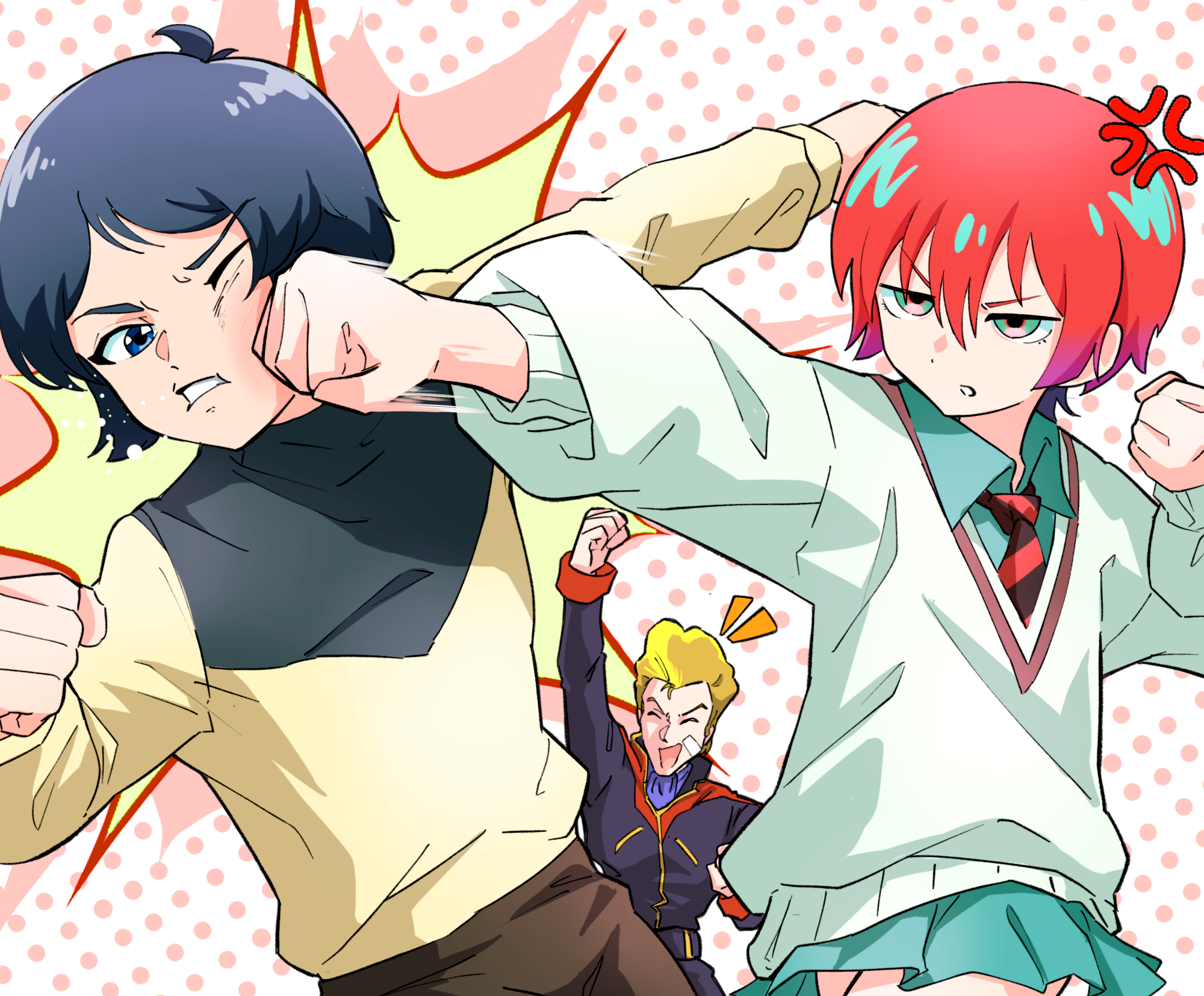 guppi (artist), amate yuzuriha, jerid messa, kamille bidan, gundam, gundam gquuuuuux, zeta gundam, commentary request, highres, 1girl, 2boys, alternate universe, anger vein, arm up, bandaid, battle, black hair, blonde hair, blue eyes, blue scarf, crossover, duel, green eyes, in-franchise crossover, injury, martial arts, multiple boys, necktie, parody, polka dot, polka dot background, pompadour, punching, red hair, scarf, school uniform, skirt, sweater, titans (gundam)