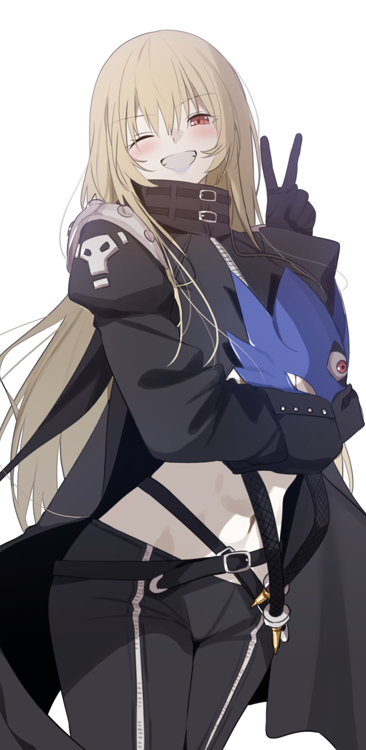 yongen yu, beelstarmon, digimon, highres, 1girl, black coat, black pants, blonde hair, blush, coat, digimon (creature), holding, holding mask, long hair, mask, navel, one eye closed, open clothes, open coat, pants, parted lips, simple background, smile, solo, unworn mask, v, white background
