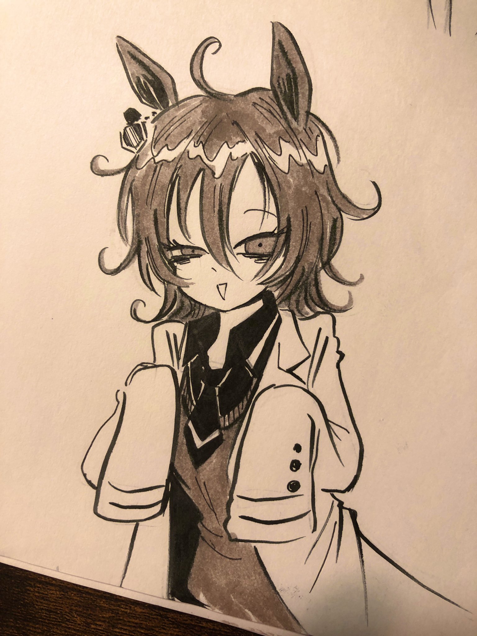shi (yotsuhaka), agnes tachyon (umamusume), umamusume, highres, photo (medium), traditional media, 1girl, ahoge, animal ears, hair between eyes, horse ears, horse girl, lab coat, looking at viewer, monochrome, short hair, smile, solo