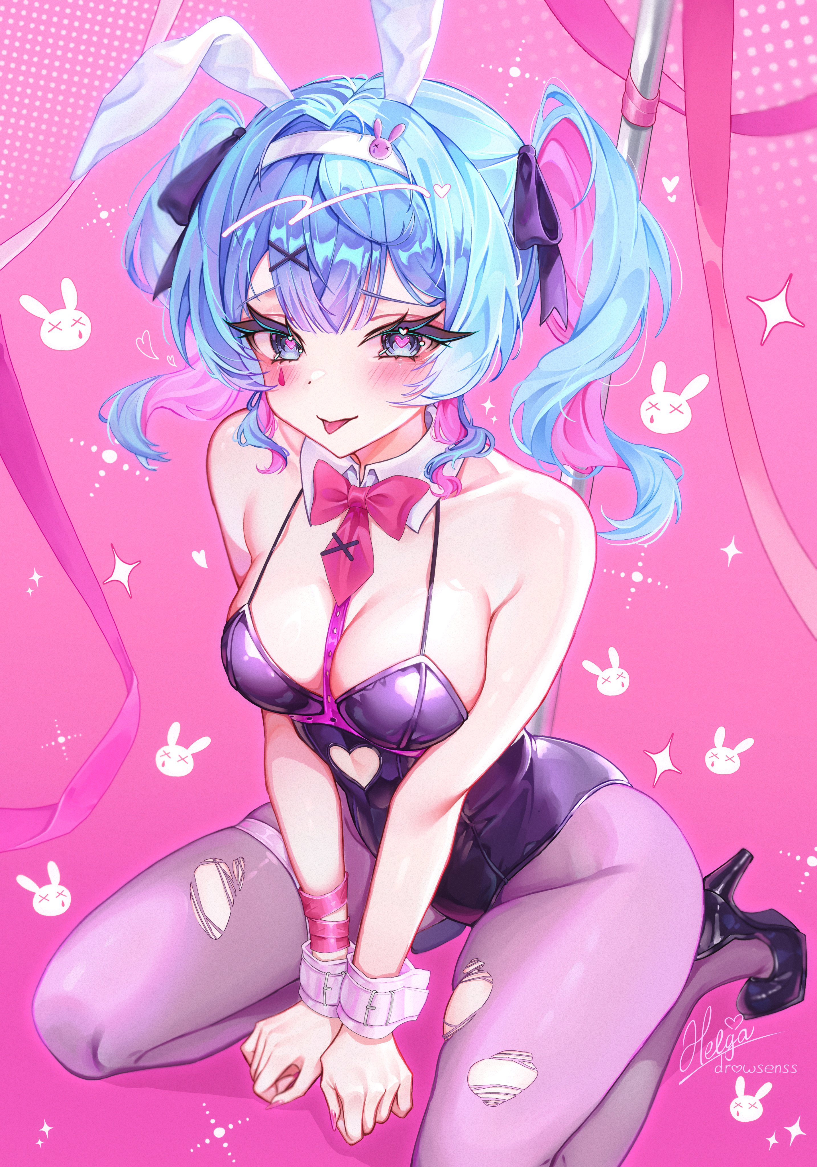 drowsenss, hatsune miku, rabbit hole (vocaloid), vocaloid, absurdres, commentary, english commentary, highres, 1girl, animal ears, bare shoulders, black leotard, blue eyes, blue hair, blush, breasts, clothing cutout, collarbone, cutout above navel, fake animal ears, full body, heart, heart-shaped pupils, heart cutout, high heels, kneeling, large breasts, leotard, multicolored hair, pantyhose, pink background, pink hair, playboy bunny, pole, rabbit ears, simple background, solo, spaghetti strap, stripper pole, symbol-shaped pupils, teardrop, tongue, tongue out, torn clothes, torn pantyhose, twintails, two-tone hair