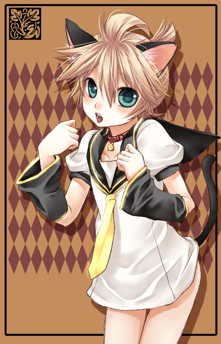 tamara, kagamine len, vocaloid, bad id, bad pixiv id, 1boy, animal ears, bell, blonde hair, blue eyes, collar, detached sleeves, male focus, neck bell, necktie, short hair, solo, tail, yellow necktie