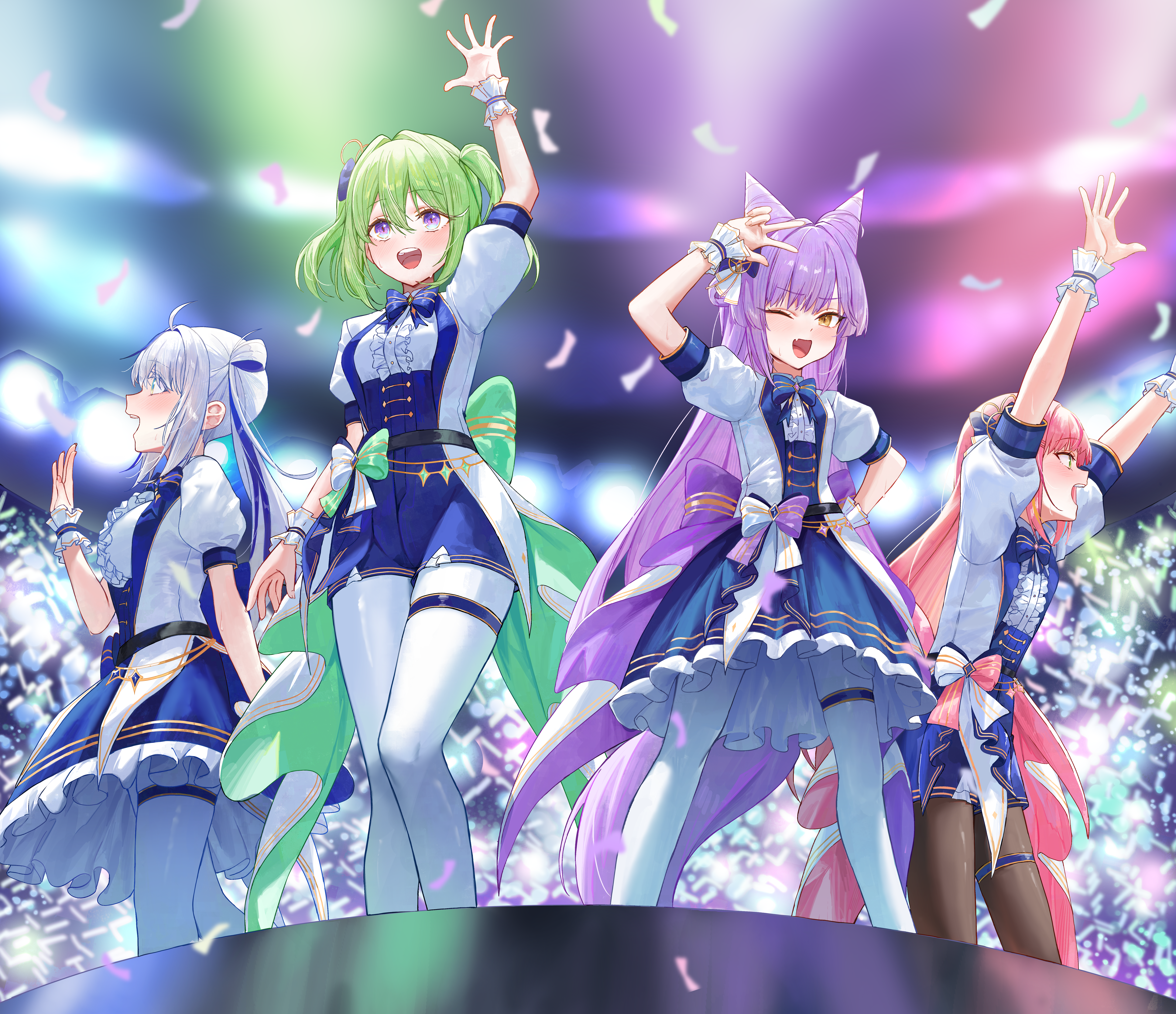 kaze 22, aokumo rin, hanako nana, tenko shibuki, yuzuha riko, stellive, absurdres, commentary, highres, 4girls, arms up, blue dress, blue hair, blush, breasts, cone hair bun, dress, fang, fox girl, fox tail, frilled dress, frills, glowstick, green eyes, green hair, hair bun, hair rings, idol, long hair, medium breasts, multiple girls, one eye closed, open mouth, pantyhose, pink hair, puffy short sleeves, puffy sleeves, purple eyes, purple hair, short hair, short sleeves, skin fang, small breasts, stage, standing, tail, teeth, thigh strap, twintails, upper teeth only, v, v over head, very long hair, virtual youtuber, white hair, white pantyhose, wrist cuffs, yellow eyes