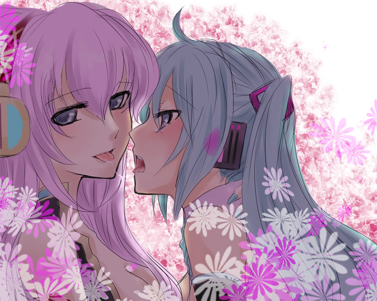 yayoi (egoistic realism), hatsune miku, megurine luka, vocaloid, bad id, bad pixiv id, 2girls, flower, multiple girls, saliva, saliva trail, tears, tongue, yuri