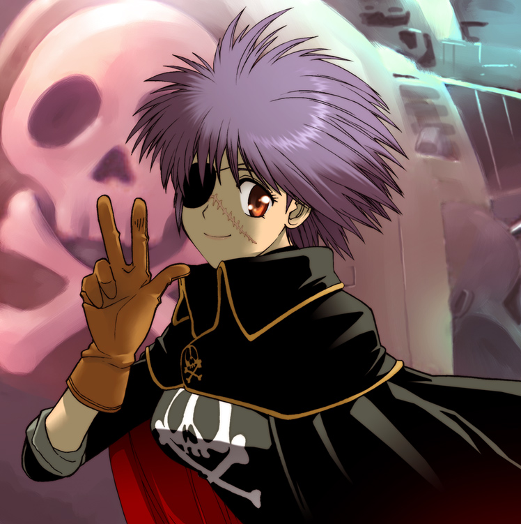 kikumaru bunta, arcadia, harlock, harlock saga, uchuu kaizoku captain harlock, waga seishun no arcadia, 1980s (style), 1970s (style), 1girl, cape, cloak, cosplay, eyepatch, female focus, gloves, harlock (cosplay), mecha, oldschool, retro artstyle, robot, scar, skull, skull and crossbones, solo, spacecraft, v