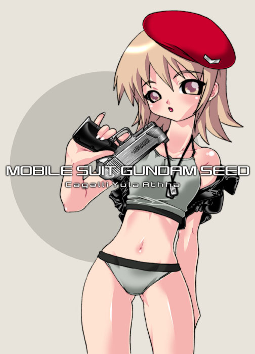 cagalli yula athha, gundam, gundam seed, gundam seed destiny, 00s, beret, brown eyes, brown hair, crop top, dog tags, gun, handgun, hat, jacket, midriff, navel, open mouth, panties, pistol, semi-automatic pistol, solo, underwear, weapon