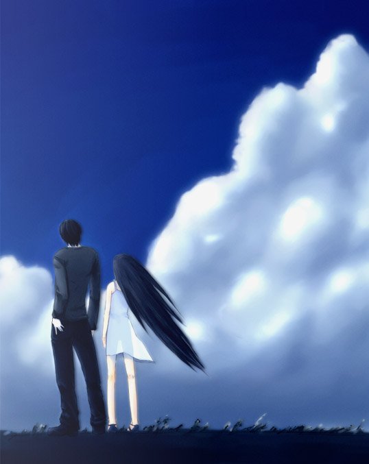 onibi (foxhound4185), 1boy, 1girl, black hair, cloud, couple, day, from behind, hetero, long hair, sky