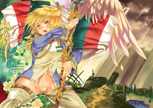 cagalli yula athha, gundam, gundam seed, gundam seed destiny, 00s, blonde hair, flag, maebari, solo, wardrobe malfunction, yellow eyes