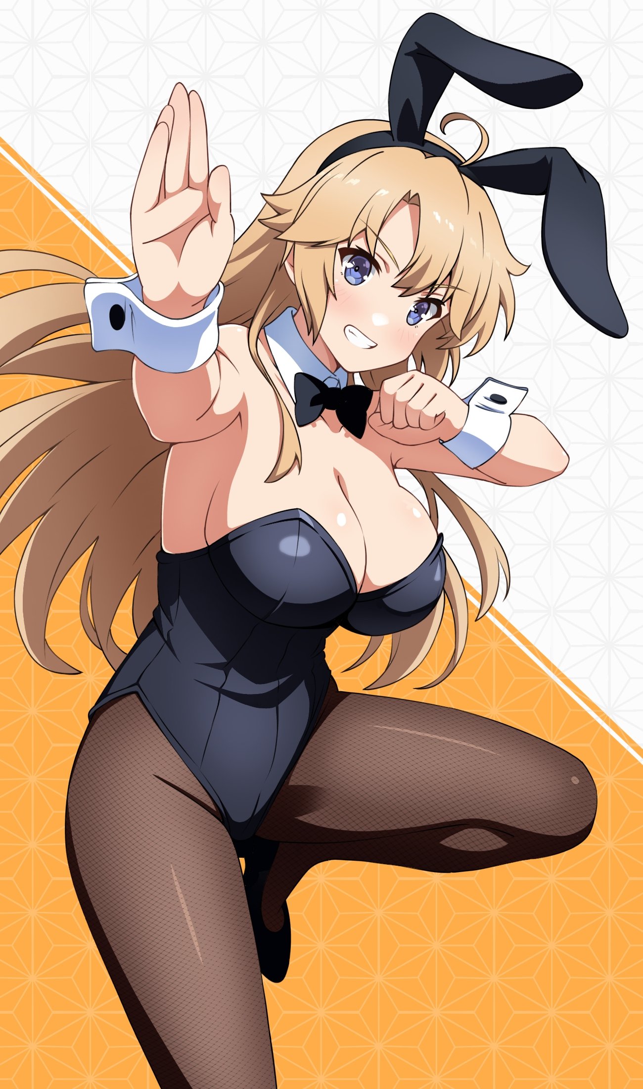 ototsu (nitta225), kohagura ellen, toji no miko, highres, 1girl, ahoge, animal ear hairband, animal ears, black leotard, black pantyhose, blonde hair, blue eyes, bow, bowtie, breasts, detached collar, fake animal ears, feet out of frame, fighting stance, fishnet pantyhose, fishnets, grin, hairband, large breasts, leotard, long hair, looking at viewer, pantyhose, playboy bunny, rabbit ears, smile, solo, strapless, strapless leotard, two-tone background, wrist cuffs
