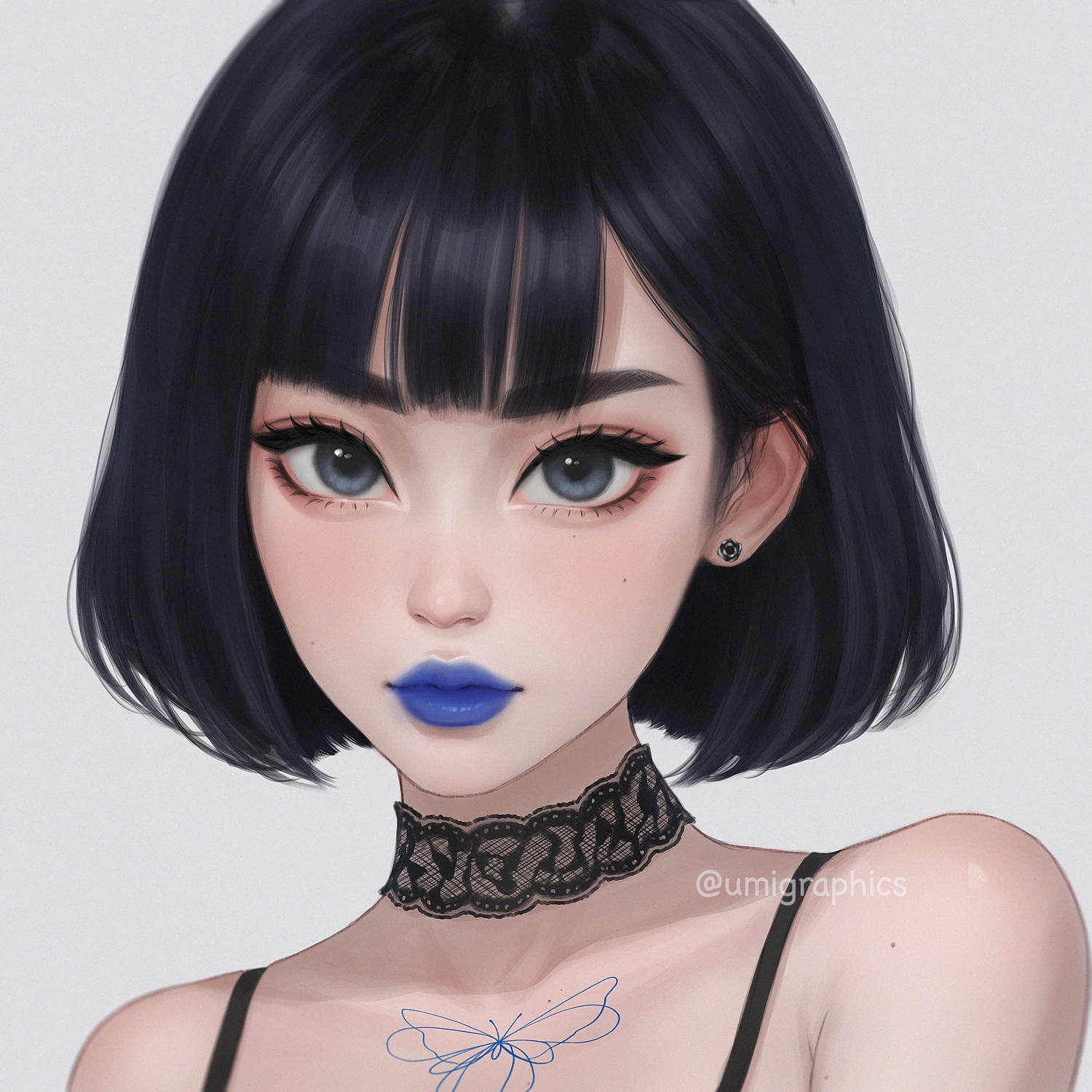 umigraphics, original, commentary, english commentary, highres, 1girl, black hair, blue lips, bob cut, choker, earrings, grey eyes, jewelry, lipstick, looking at viewer, makeup, mole, mole under eye, short hair, simple background, solo, stud earrings, twitter username, upper body, white background