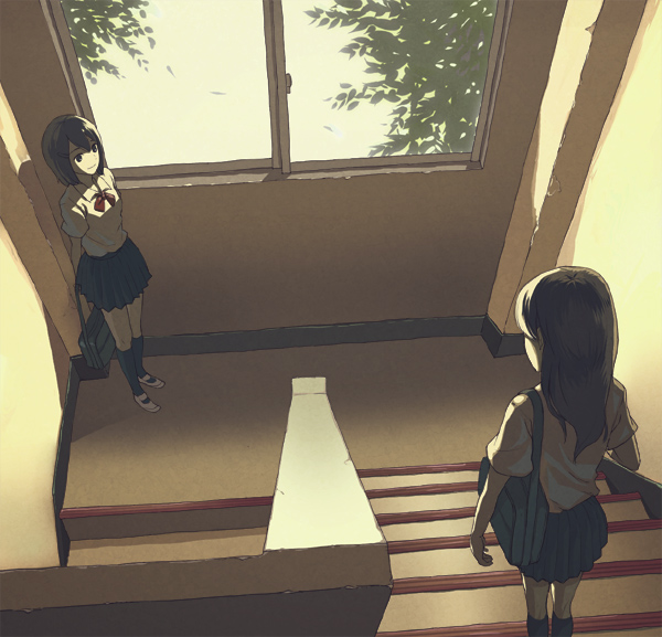 ame (conronca), original, 2girls, arms behind back, bag, from above, holding, kneehighs, leaf, long hair, looking down, looking up, mary janes, monochrome, multiple girls, muted color, ribbon, school, school bag, school uniform, sepia, shoes, short hair, short sleeves, skirt, slice of life, smile, socks, stairs, standing, sunset, waiting, window, yellow theme