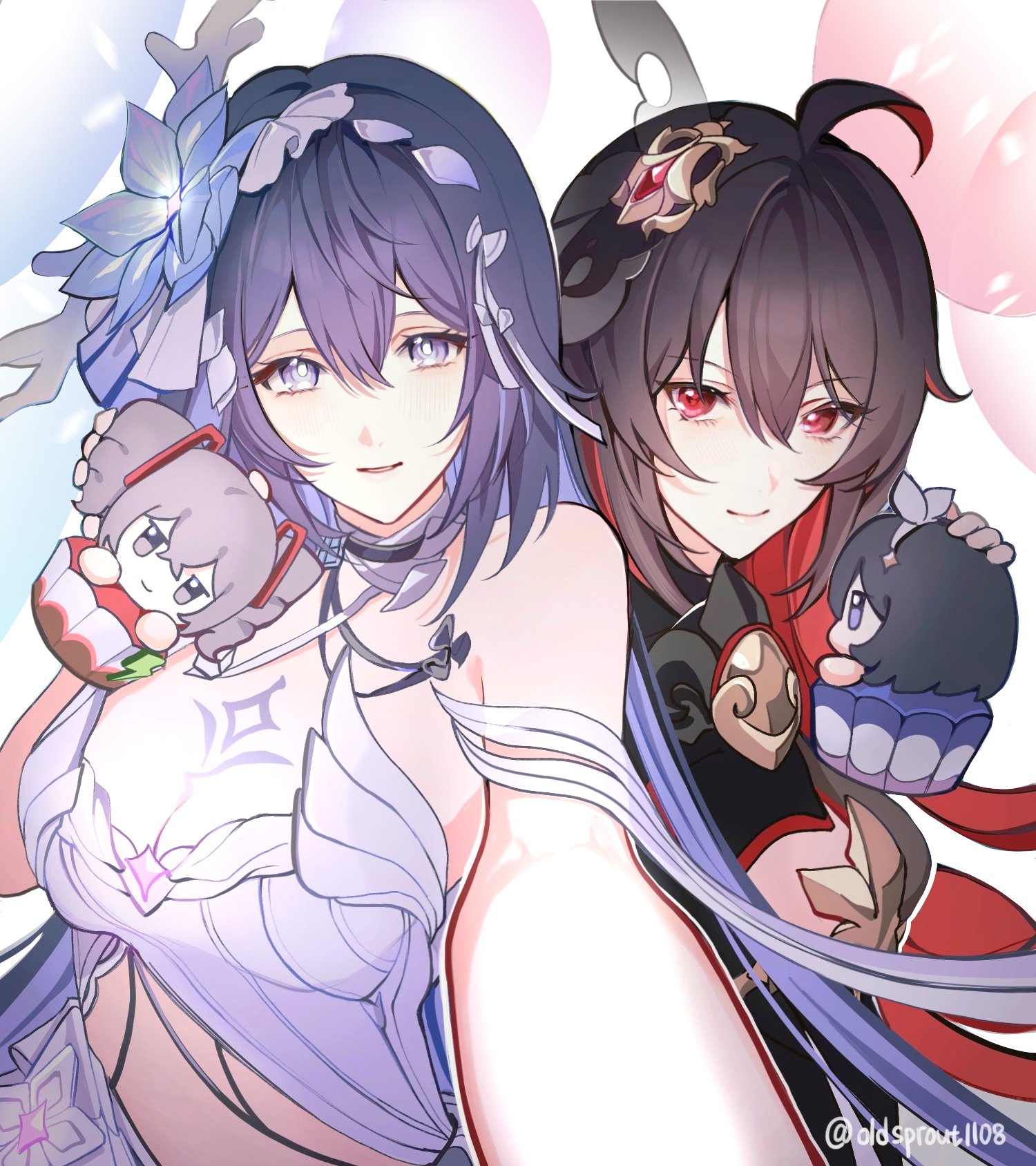 oldsprout1108, bronya zaychik, seele (alter ego), seele vollerei, seele vollerei (herrscher of rebirth), seele vollerei (starchasm nyx), honkai (series), honkai impact 3rd, hashtag-only commentary, highres, 2girls, ahoge, black hair, blue eyes, blue hair, breast tattoo, breasts, cleavage, colored inner hair, cupcake, dress, dual persona, flower, food, hair flower, hair ornament, large breasts, long hair, multicolored hair, multiple girls, red eyes, red hair, smile, tattoo, twitter username, two-tone hair, very long hair, white dress