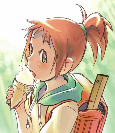 ramb chop, yoshioka haru, neko no ongaeshi, studio ghibli, 00s, 1girl, aged down, backpack, bag, brown hair, eating, female focus, food, food on face, ice cream, ice cream on face, ponytail, randoseru, ruler, solo