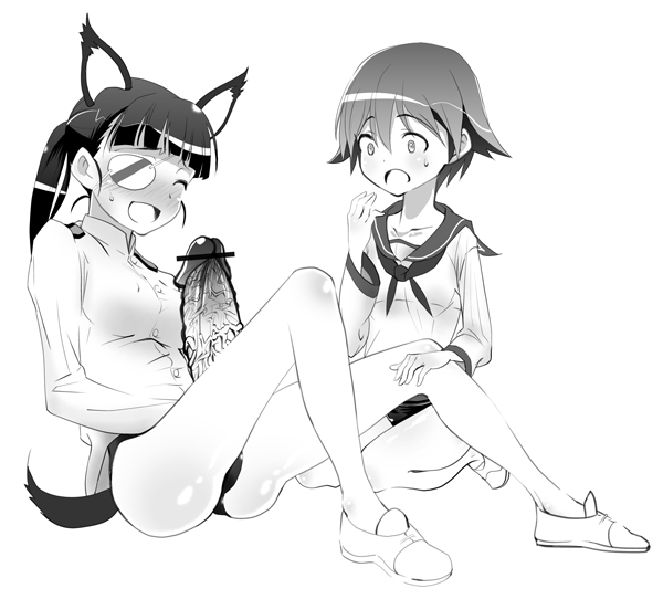 miyafuji yoshika, sakamoto mio, strike witches, world witches series, 00s, 1futa, 1girl, animal ears, bar censor, breasts, censored, erection, futanari, greyscale, large penis, medium breasts, monochrome, penis, small breasts, swimsuit, tail, veins, veiny penis