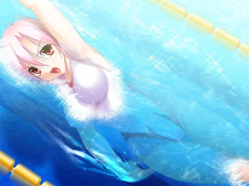 ishii akira, kawajiri michiko, suisui -sweetheart swimmer-, game cg, non-web source, 1girl, antenna hair, armpits, backstroke, breasts, competition swimsuit, dutch angle, female focus, impossible clothes, impossible shirt, lane line, large breasts, long hair, one-piece swimsuit, open mouth, pink hair, pool, red eyes, shirt, short hair, solo, sparkle, splashing, swimming, swimsuit, thigh gap, thighs, underwater, water, wet