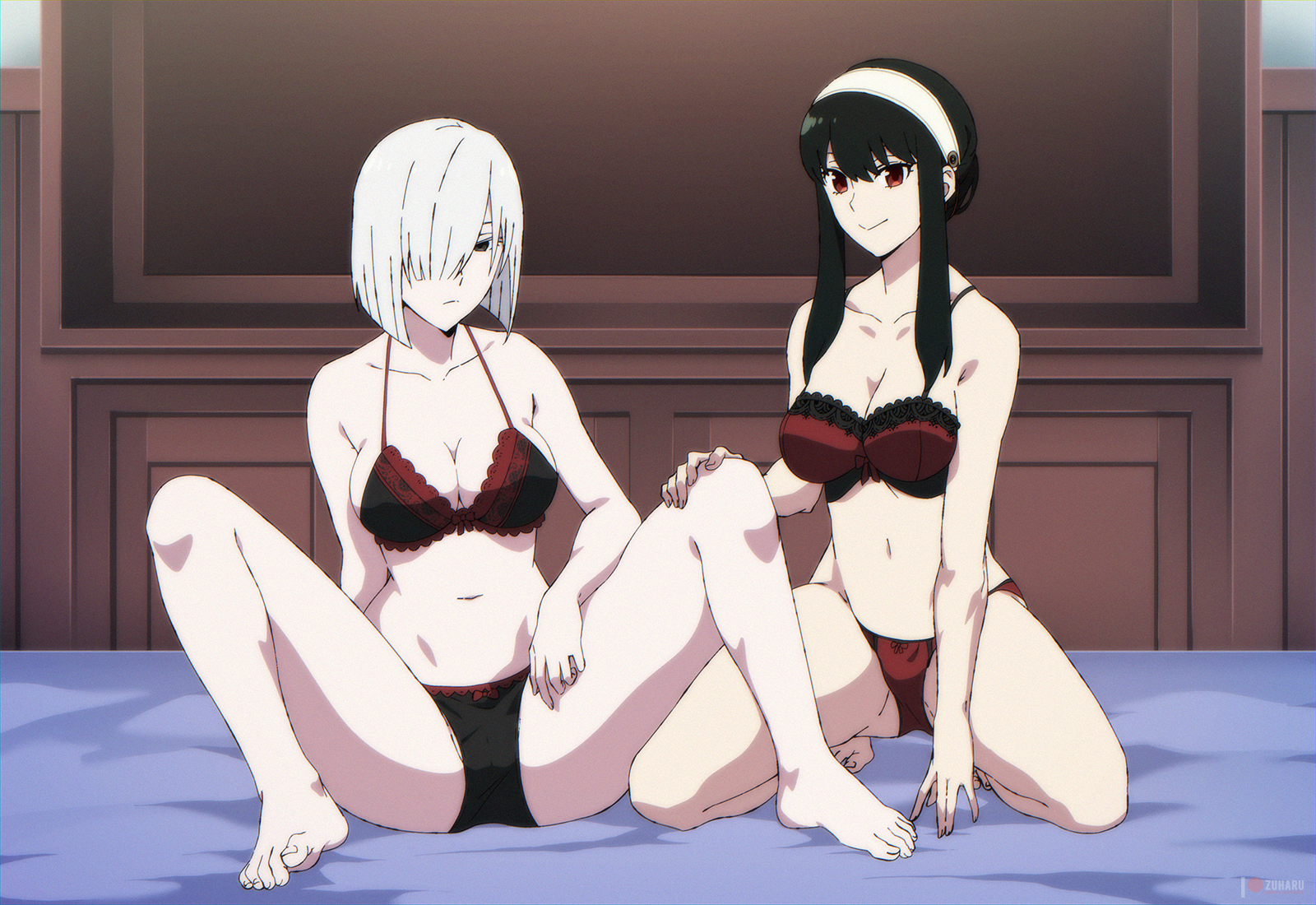 zuharu, fiona frost, yor briar, spy x family, highres, 2girls, black bra, black hair, black panties, bra, breasts, cleavage, hair over one eye, indoors, kneeling, lace, lace-trimmed bra, lace trim, large breasts, lingerie, m legs, multiple girls, on bed, panties, red bra, red eyes, red panties, short hair, sidelocks, sitting, smile, spread legs, underwear, white hair
