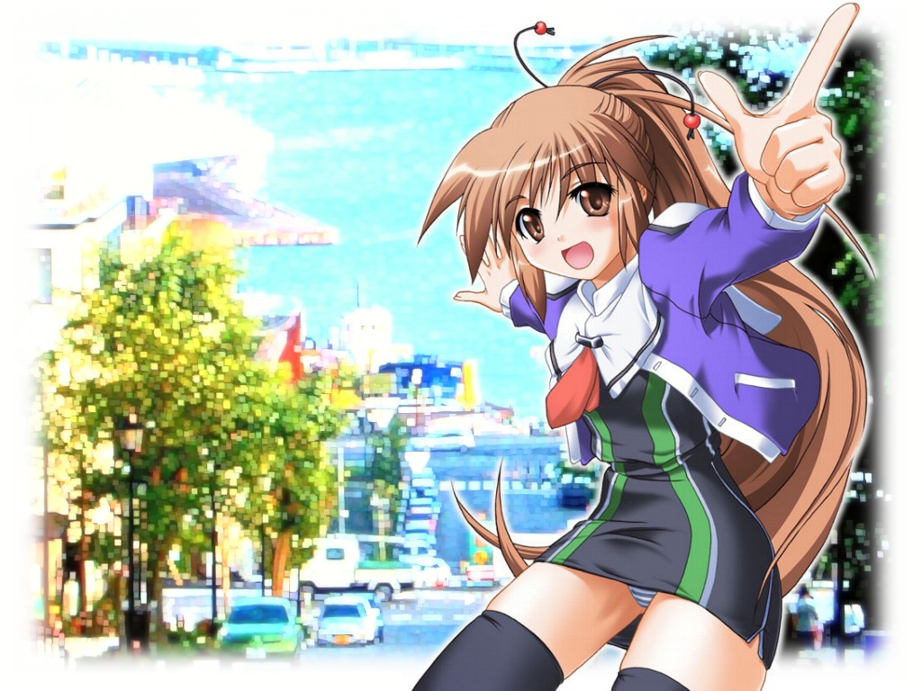 non-web source, black thighhighs, brown eyes, brown hair, long hair, panties, pantyshot, pointing, ponytail, school uniform, solo, thighhighs, underwear