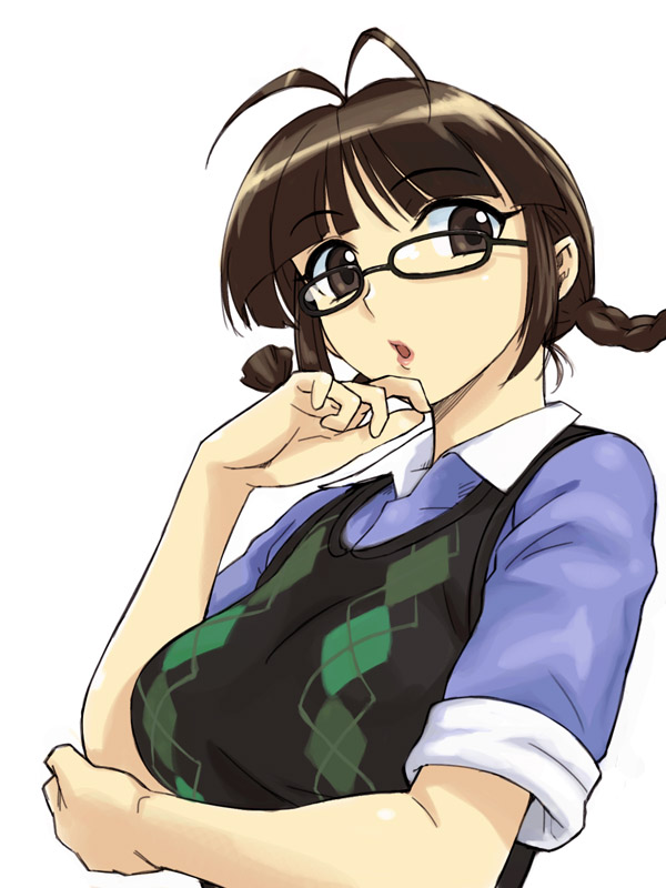 michael f91, akizuki ritsuko, college of angel (idolmaster), idolmaster, idolmaster (classic), 00s, 1girl, antenna hair, argyle clothes, argyle sweater, argyle sweater vest, black-framed eyewear, braid, breasts, brown eyes, brown hair, female focus, glasses, hand on own cheek, hand on own face, large breasts, lips, looking at viewer, short hair, short sleeves, simple background, solo, sweater, sweater vest, twin braids, upper body, white background