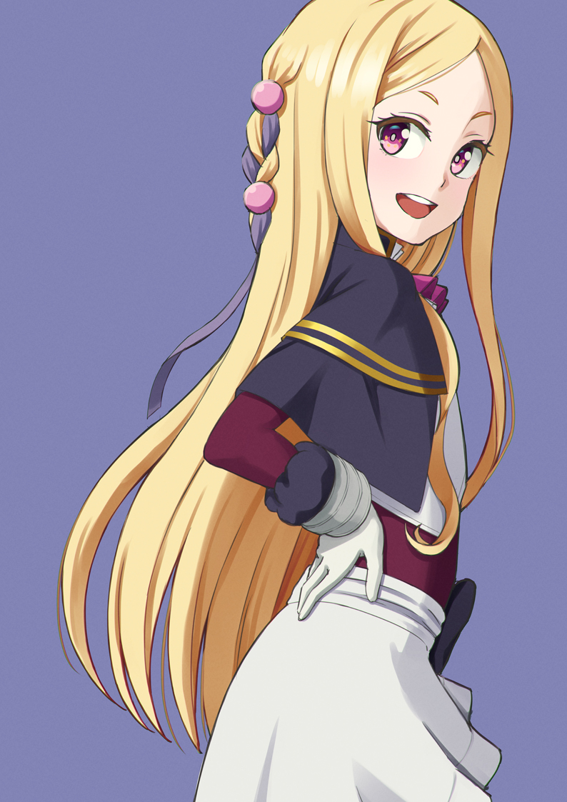 easy (aqk7bdqt), loux christasse, mahoutsukai reimeiki, 1girl, :d, black capelet, blonde hair, braid, bright pupils, capelet, cowboy shot, from side, gloves, gold trim, hair ornament, hair ribbon, hand on own hip, long hair, long sidelocks, looking at viewer, looking to the side, multicolored hair, open mouth, parted bangs, pink eyes, purple background, purple hair, purple ribbon, ribbon, short eyebrows, sidelocks, sideways glance, simple background, skirt, smile, solo, standing, straight hair, teeth, upper teeth only, very long hair, white gloves, white pupils, white skirt