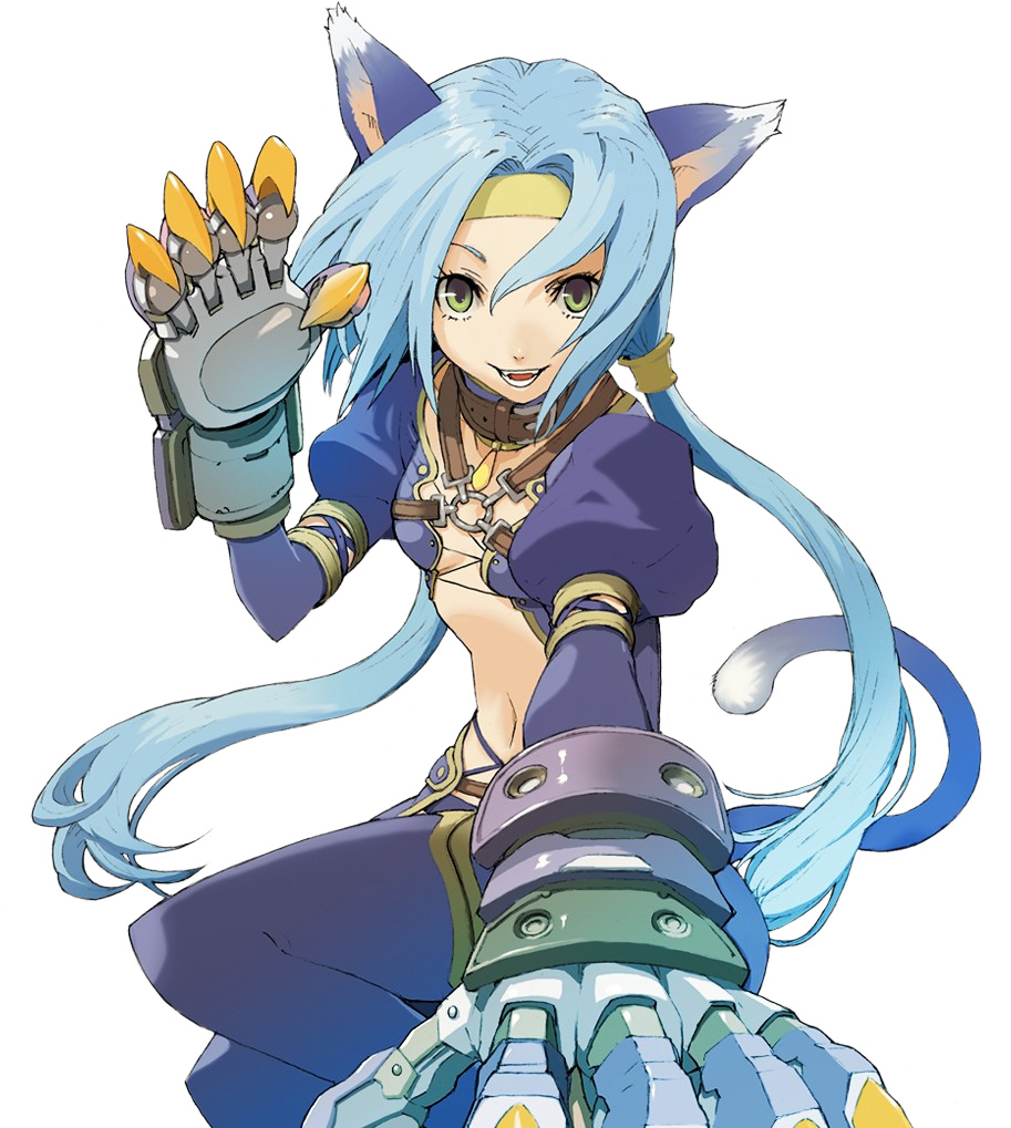 enami katsumi, meracle chamlotte, star ocean, star ocean: the last hope, official art, 1girl, animal ears, blue hair, breasts, cat ears, cat tail, claws, fang, fangs, female focus, flat chest, foreshortening, o-ring, small breasts, solo, tail, weapon
